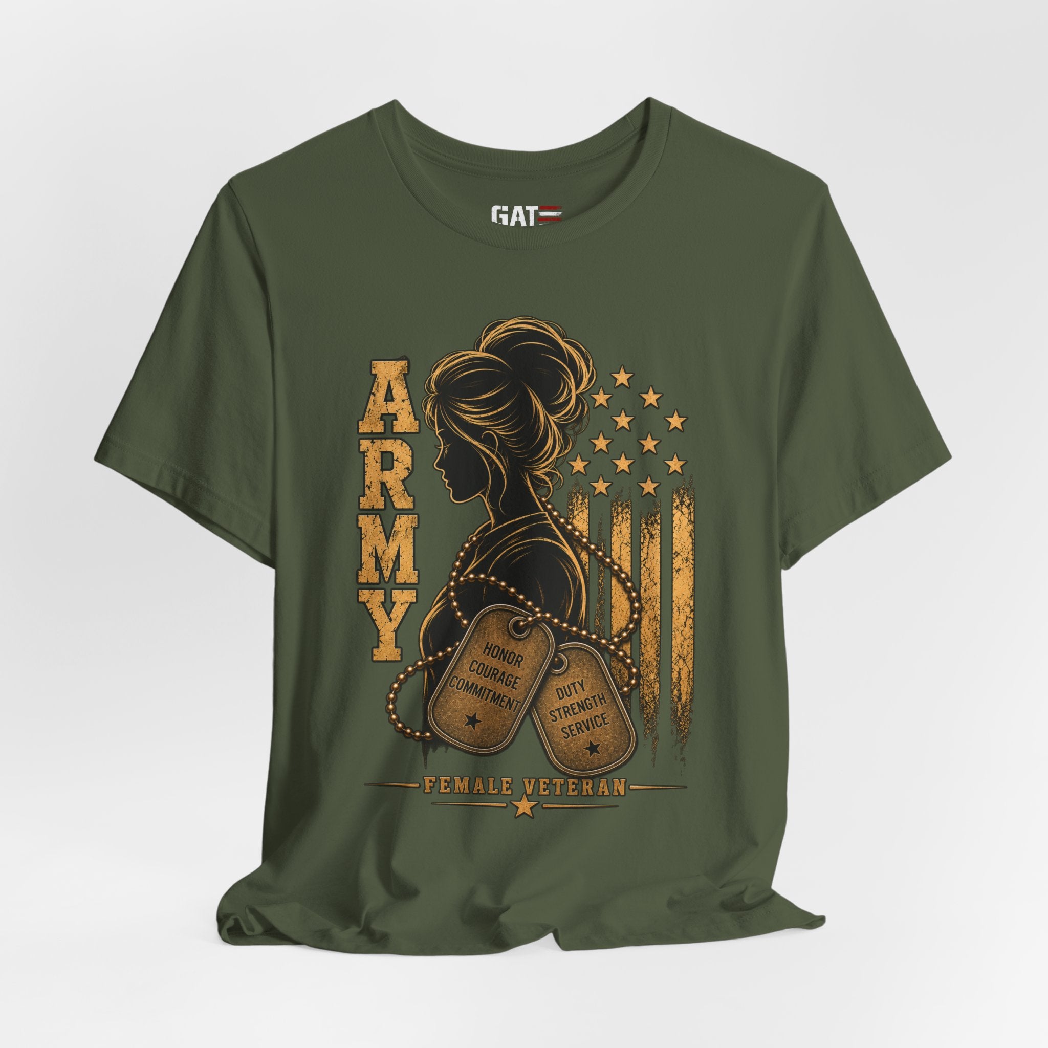 Female Army Vet Tee – Proud Military Mom Shirt with Dog Tags & American Flag