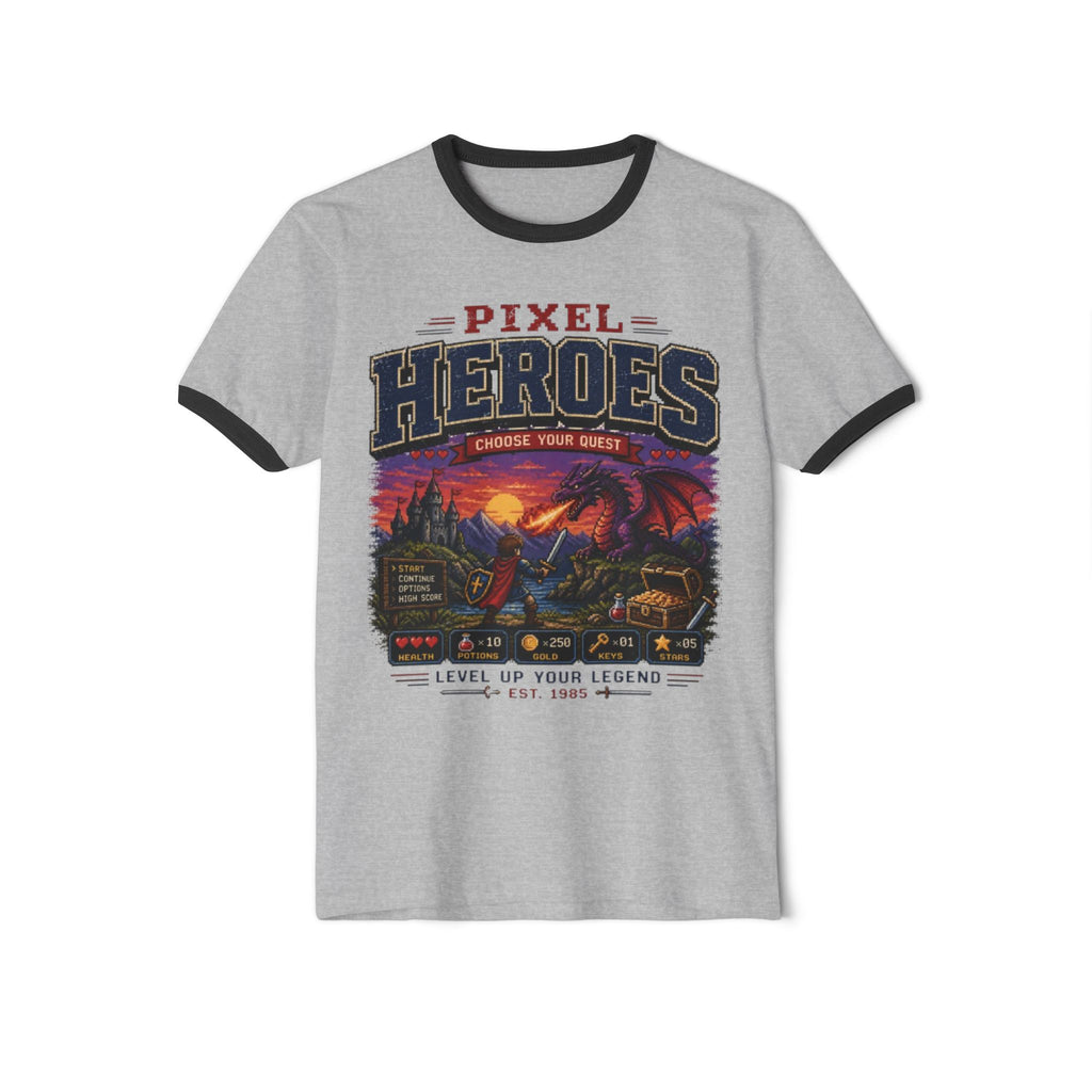 Pixel Heroes Ringer T-Shirt — Retro Video Game Level-Up Graphic Tee