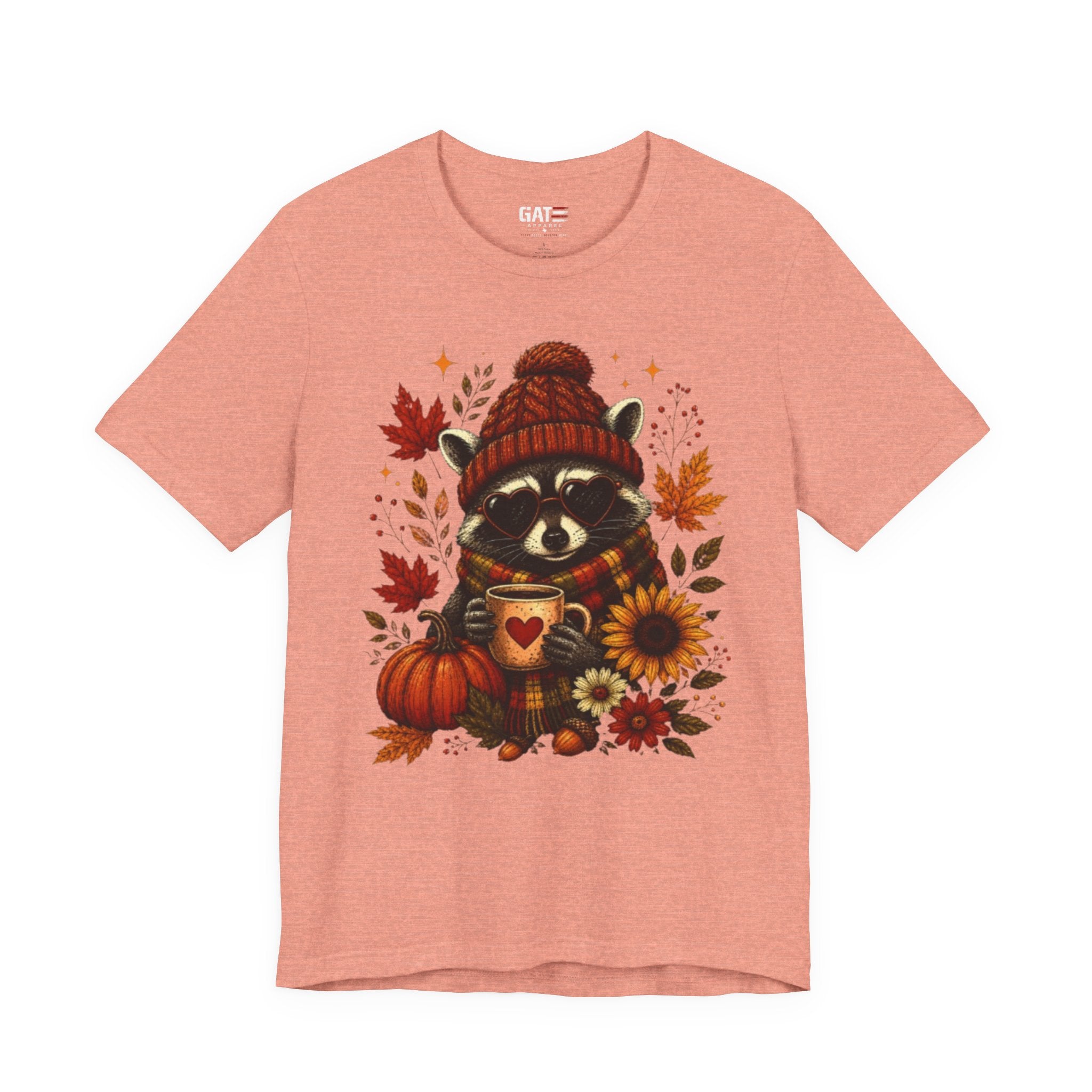 Autumn Cozy Raccoon Tee – Cute Fall Pumpkin & Hot Cocoa Shirt