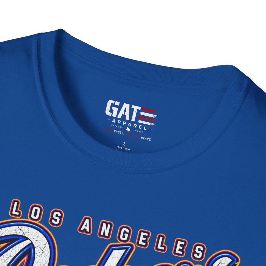 royal blue Kobe Bryant Dodgers LA Black Mamba tribute T-shirt, neckline and GAT label close-up
