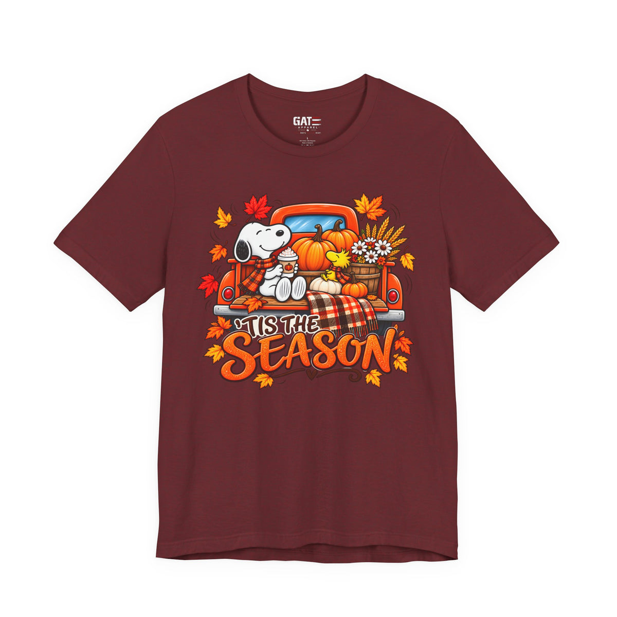 Snoopy pumpkin truck Tis the Season fall graphic T-shirt, burgundy front view