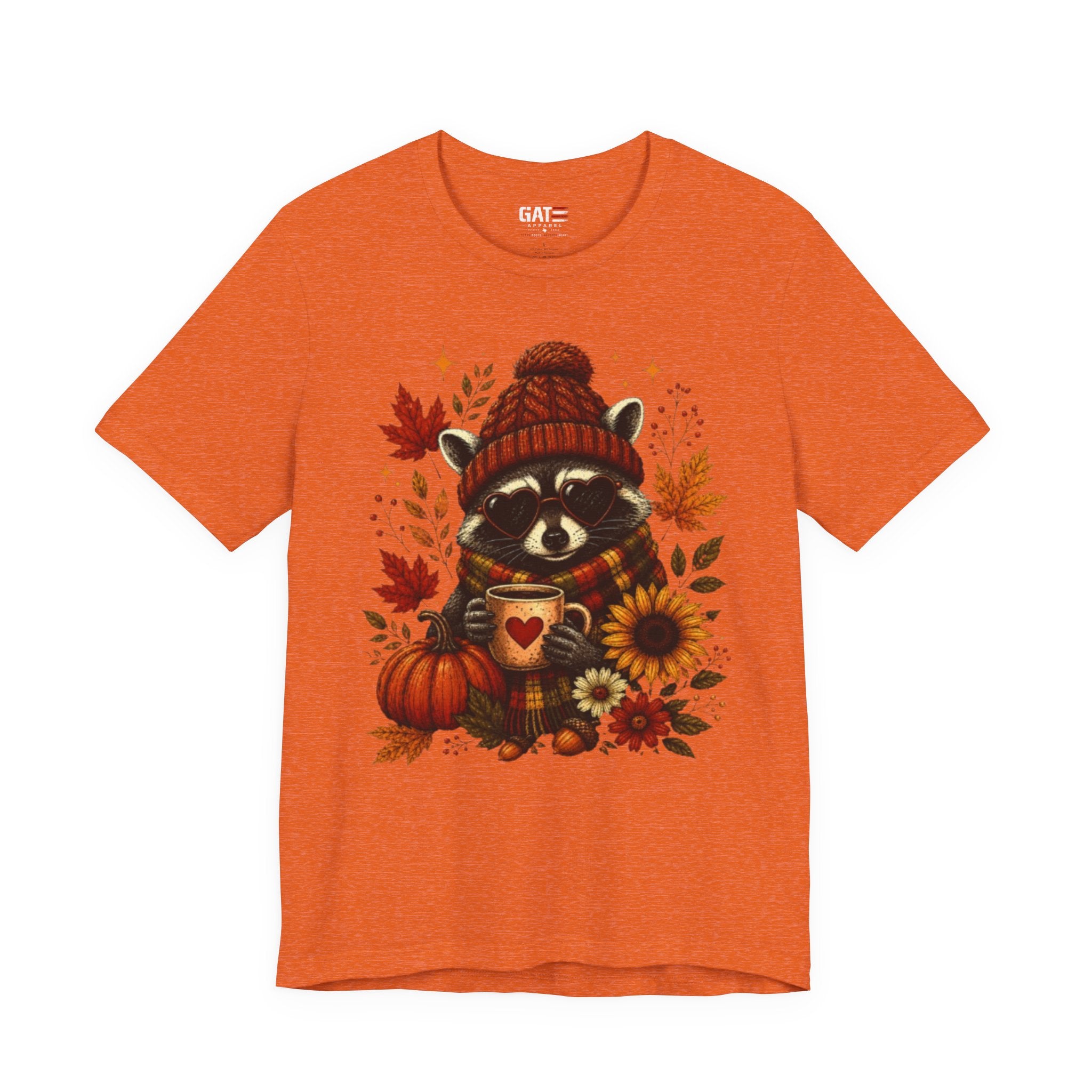Autumn Cozy Raccoon Tee – Cute Fall Pumpkin & Hot Cocoa Shirt
