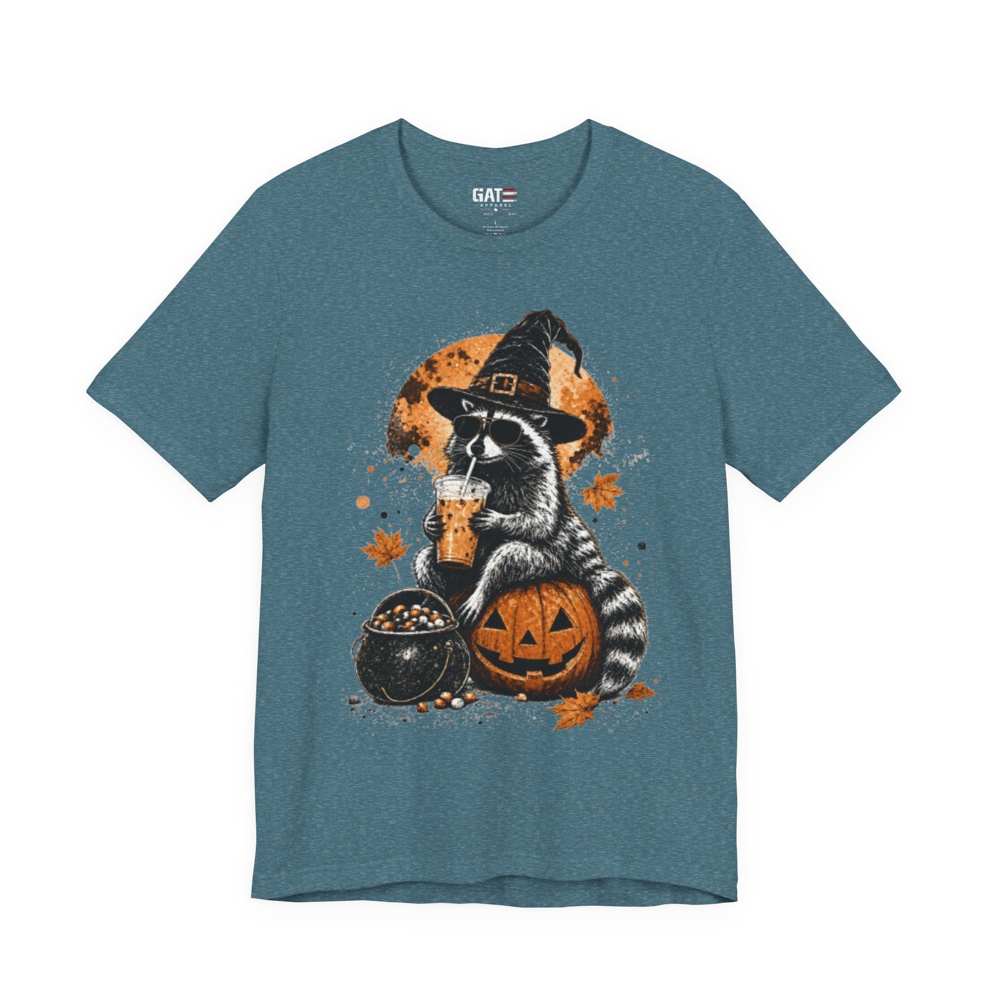Halloween Raccoon Witch T-Shirt — Pumpkin & Cauldron Spooky Tee