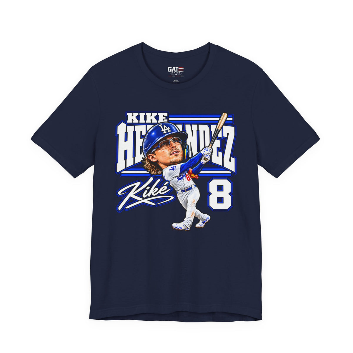 Kiké Hernández number 8 Dodgers baseball graphic T-shirt, navy front view