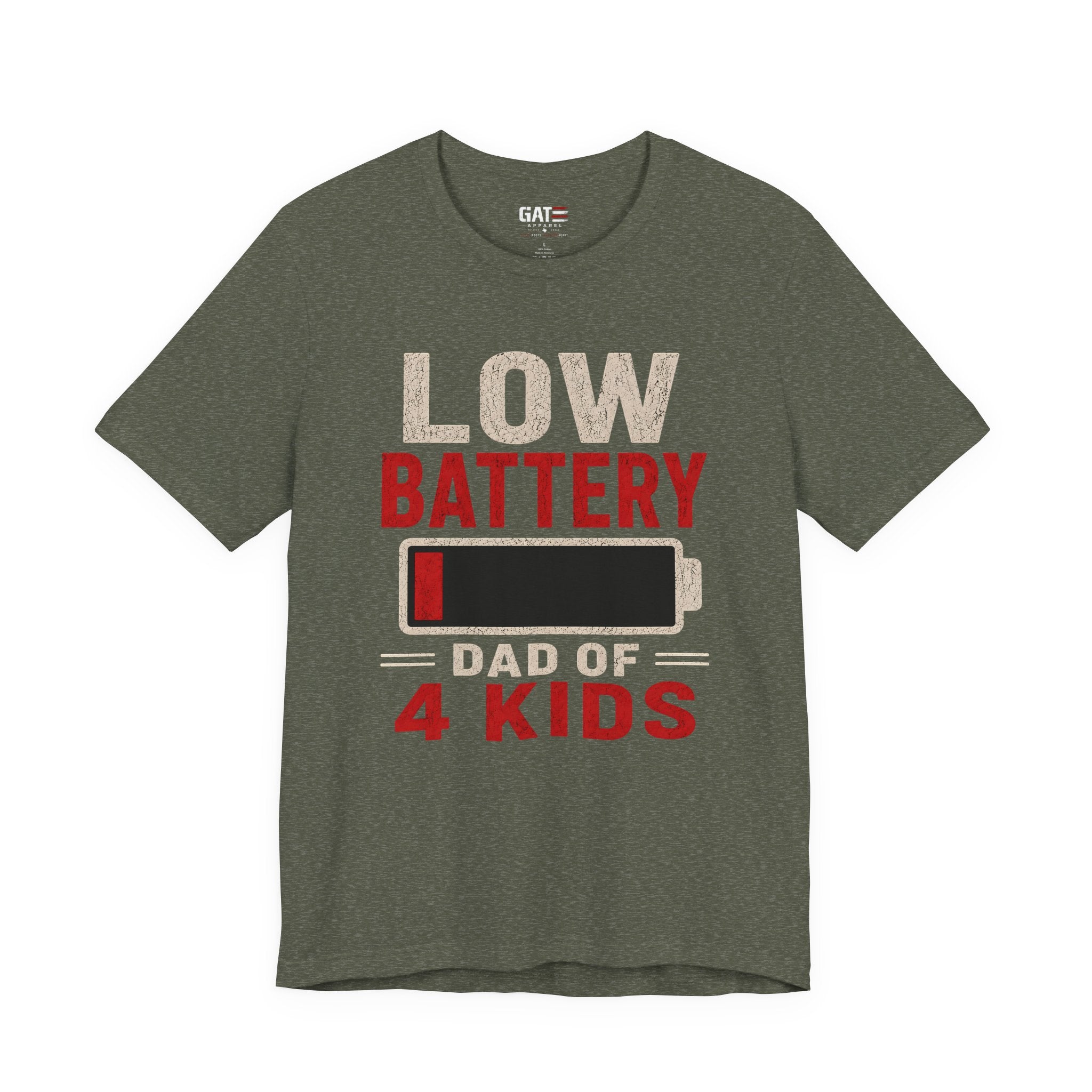 Low Battery Dad of 4 Kids Shirt, Funny Tired Dad Tee, Father of Four Gift, Parenting Humor Shirt, Exhausted Dad Graphic Tee