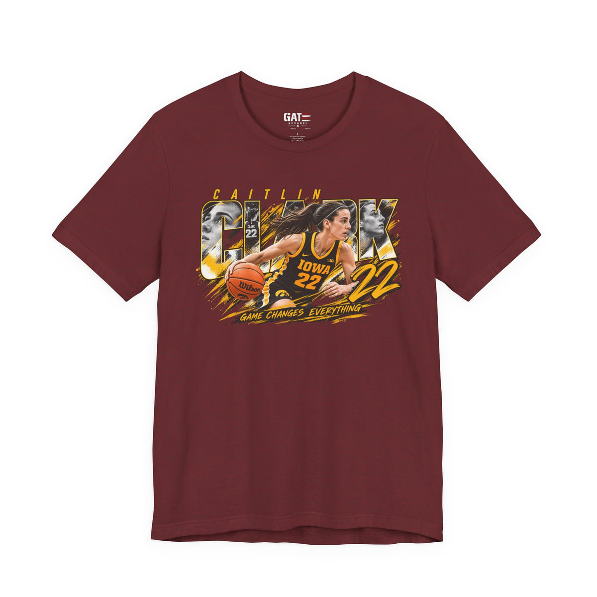 Caitlin Clark basketball player graphic T-shirt, burgundy front view
