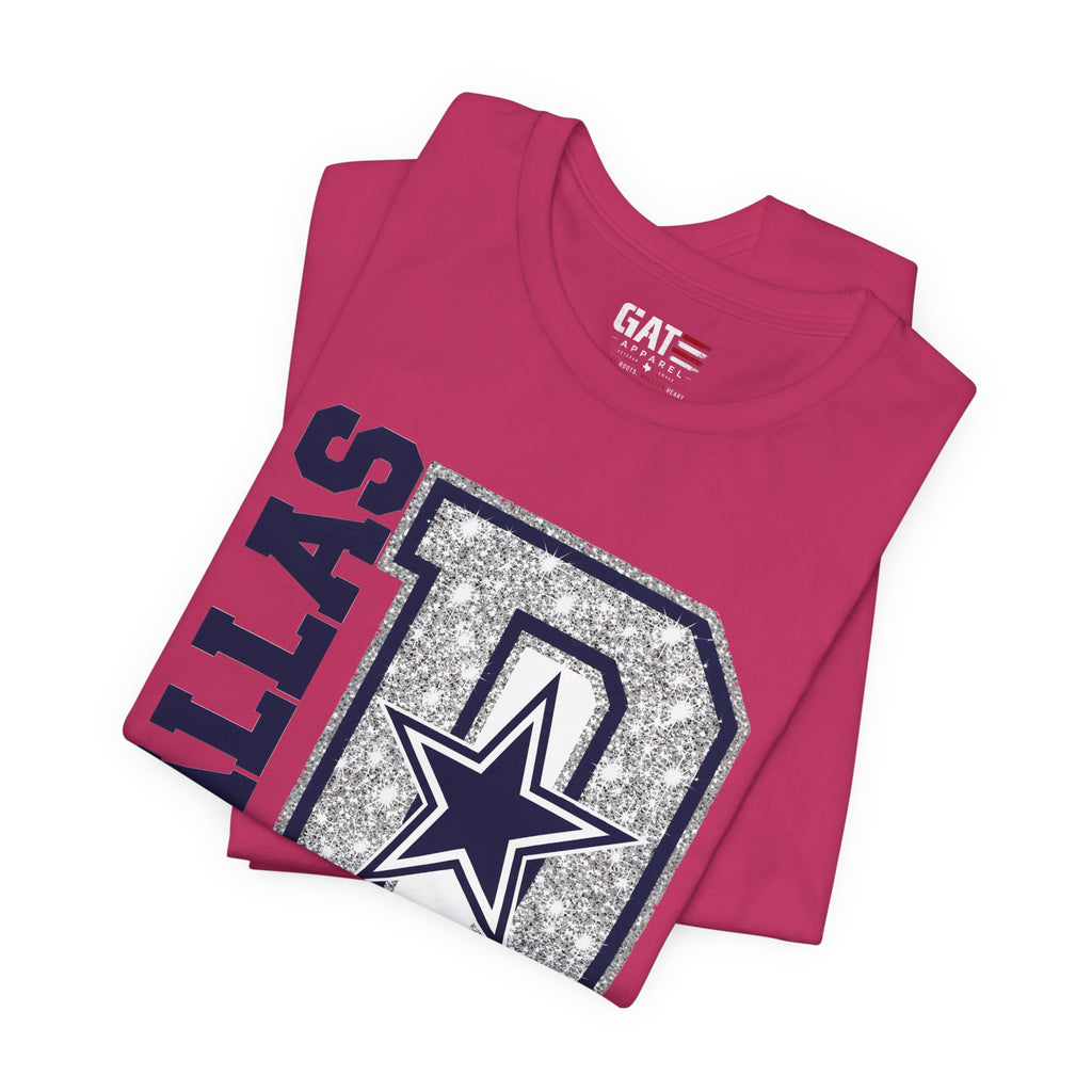 Dallas Football Glitter D Shirt, Blue and Silver Game Day Tee, Western Script Graphic Shirt, Sparkle Fan Apparel