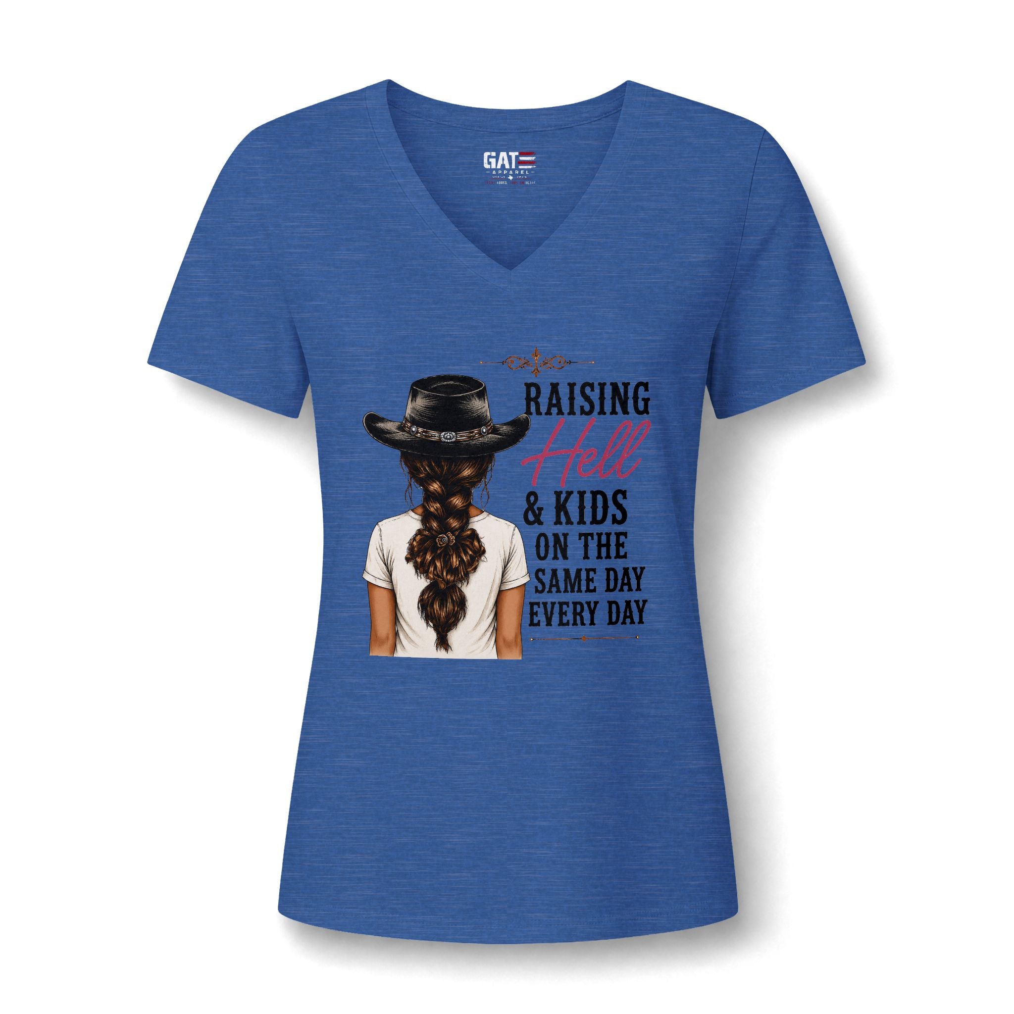 Women’s V-Neck Tee — “Raising Hell & Kids on the Same Day Every Day” Graphic