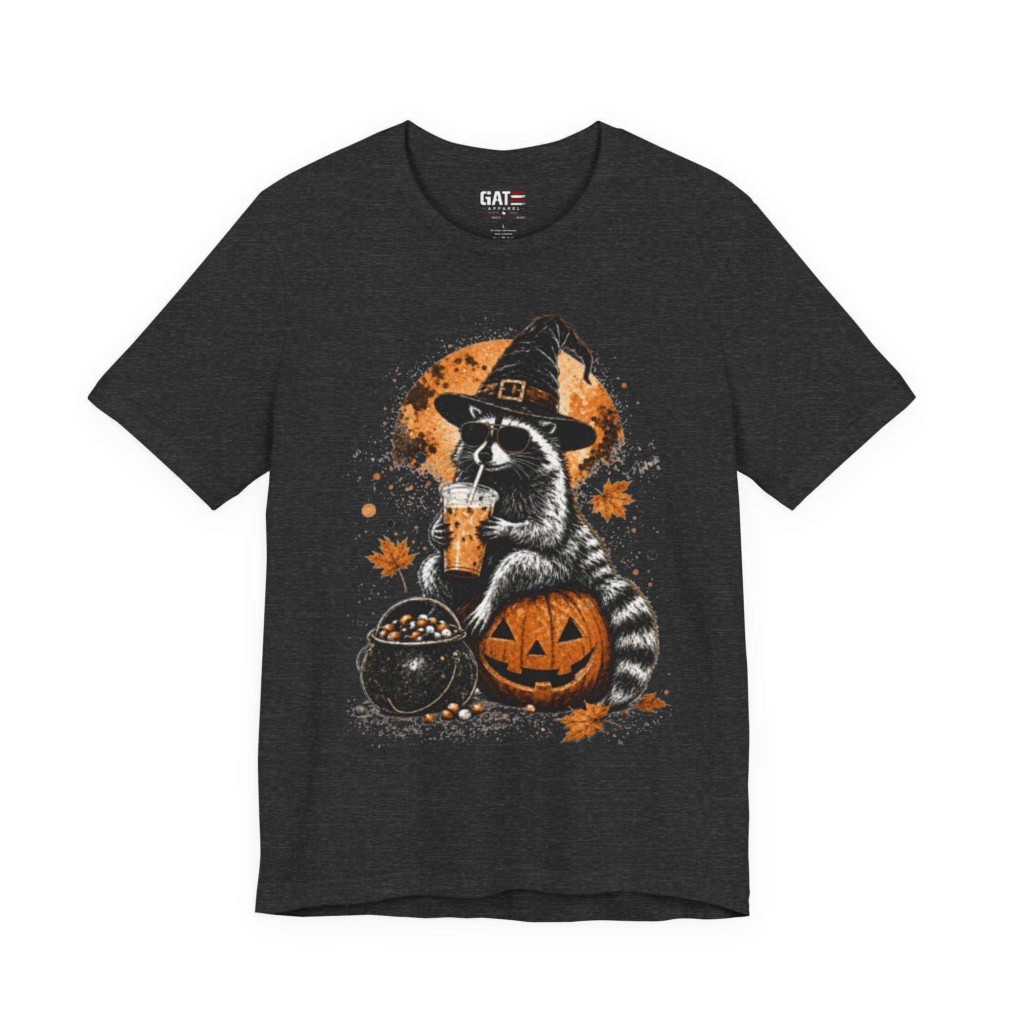 Halloween Raccoon Witch T-Shirt — Pumpkin & Cauldron Spooky Tee