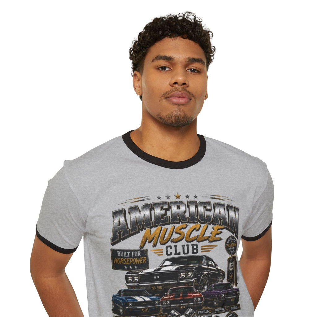 Muscle Car Ringer T-Shirt — "American Muscle Club" Vintage Auto Graphic