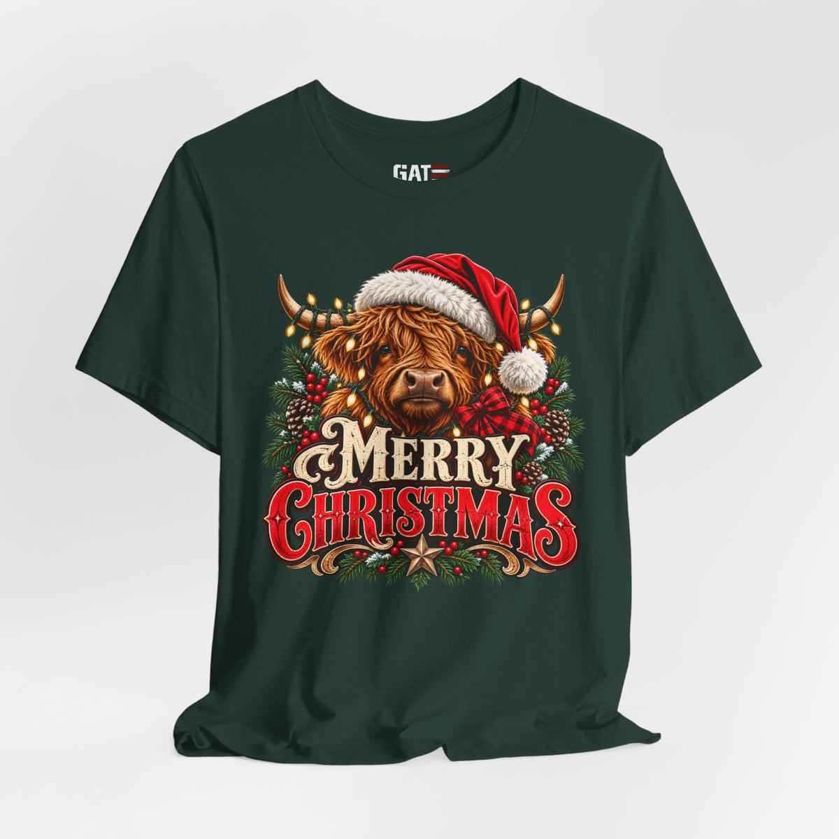 forest green Highland cow Santa hat Merry Christmas graphic T-shirt, styled front view
