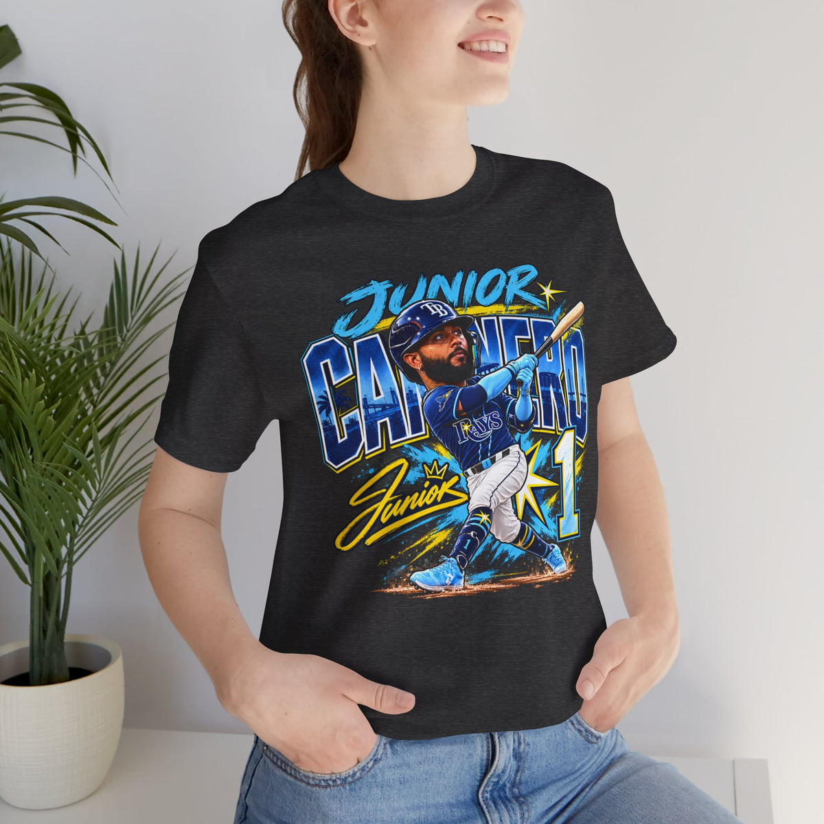 Model wearing black Junior Caminero Rays baseball graphic T-shirt