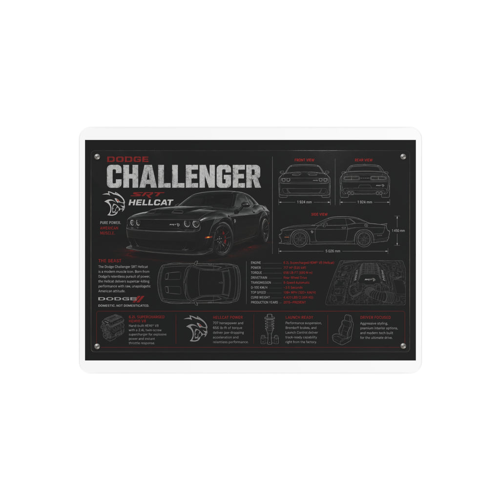 Dodge Challenger Hellcat Blueprint Metal Art Sign – Automotive Garage Poster