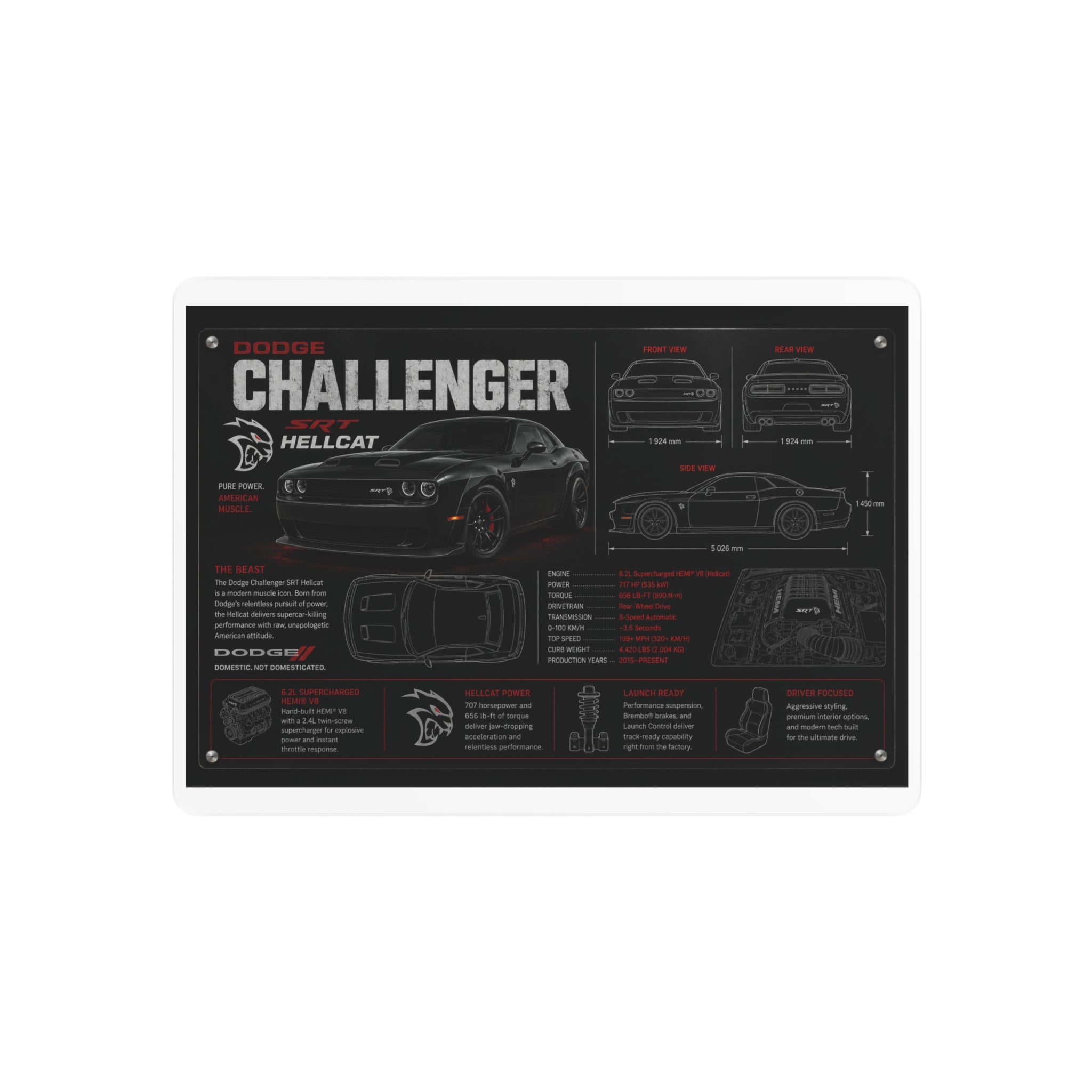 Dodge Challenger Hellcat Blueprint Metal Art Sign – Automotive Garage Poster