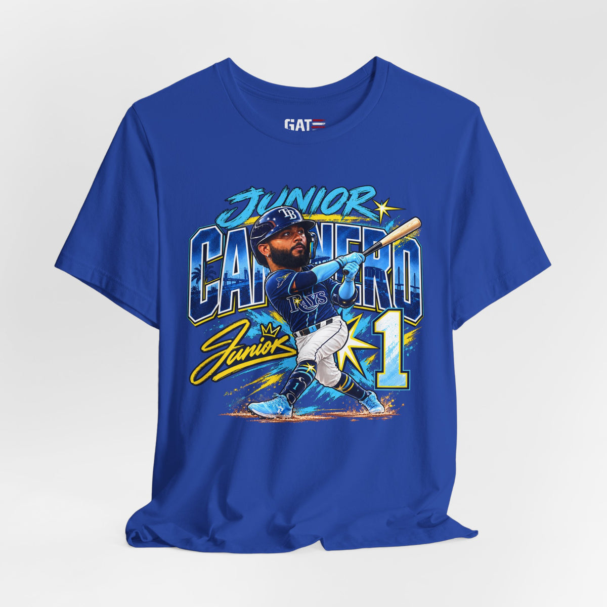 royal blue Junior Caminero Rays baseball graphic T-shirt, styled front view