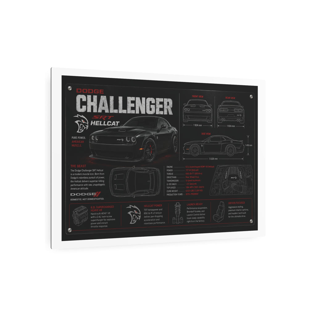 Dodge Challenger Hellcat Blueprint Metal Art Sign – Automotive Garage Poster