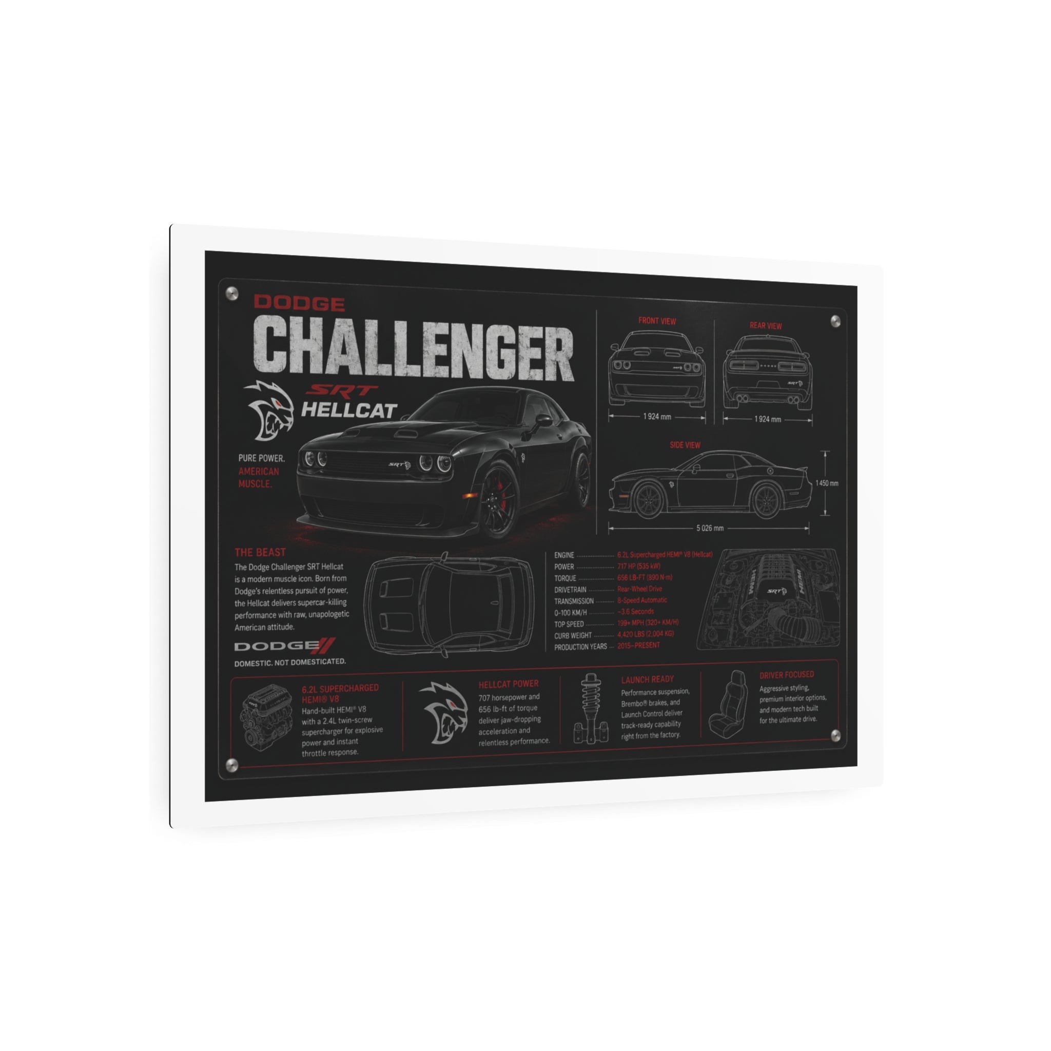 Dodge Challenger Hellcat Blueprint Metal Art Sign – Automotive Garage Poster
