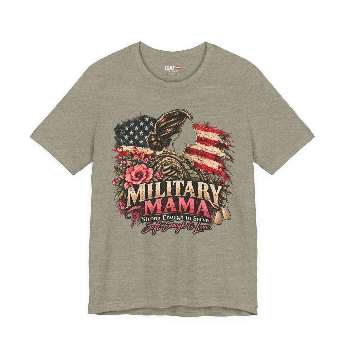 Military Mama Tee — Patriotic Mom Shirt with American Flag & Floral Combat Design