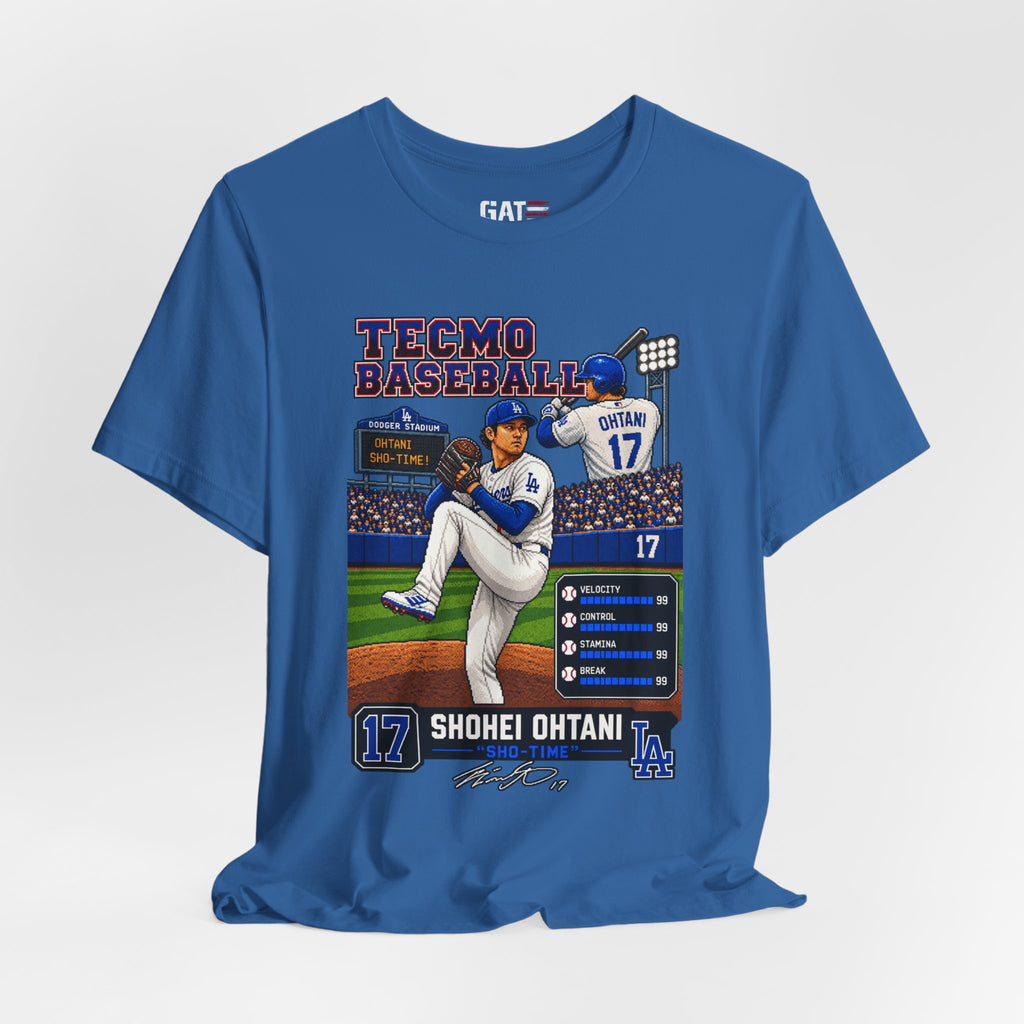 Shohei Ohtani Los Angeles Dodgers Retro Baseball Card Graphic Tee — 'Tecmo Baseball' Design