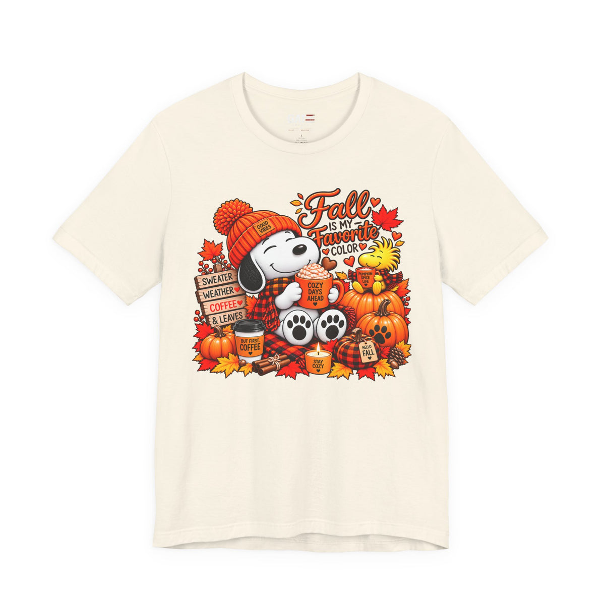 Snoopy Fall Is in the Air pumpkin graphic T-shirt, cream front view