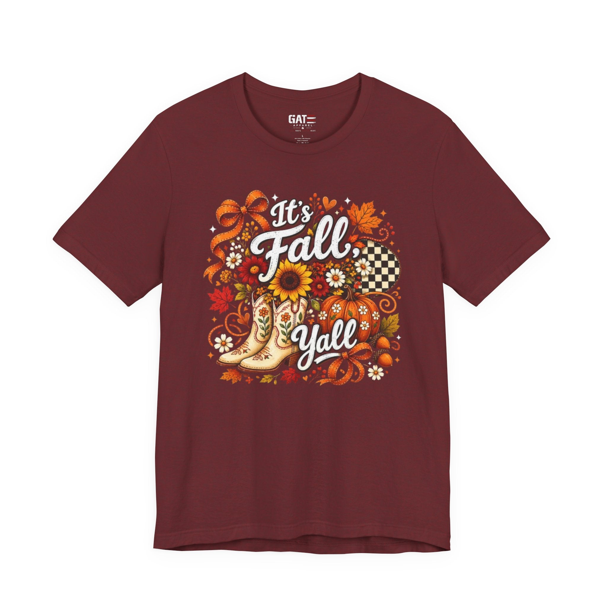 Fall Y'all Tee — Autumn Boots, Sunflowers & Plaid Graphic T-Shirt