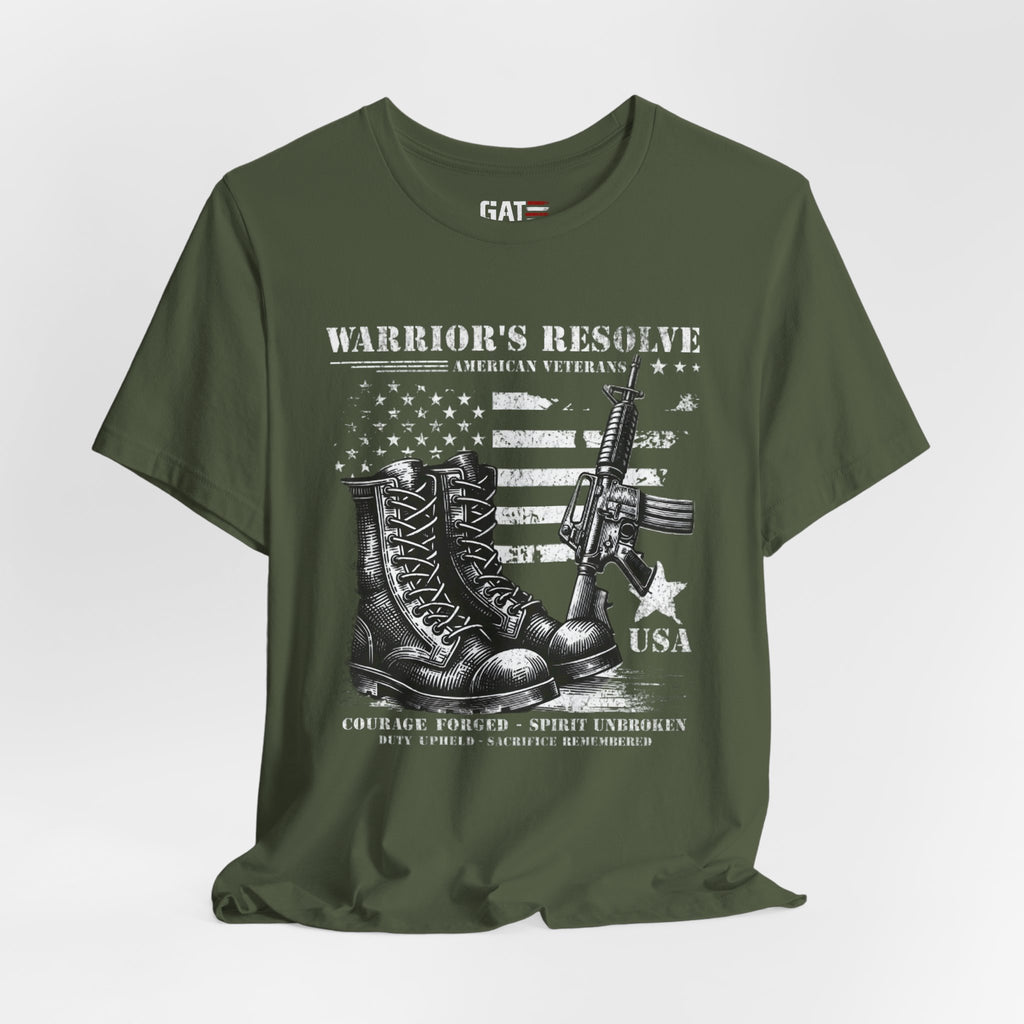 Warrior's Resolve Boots & Flag graphic Tee | Veteran USA Military Shirt
