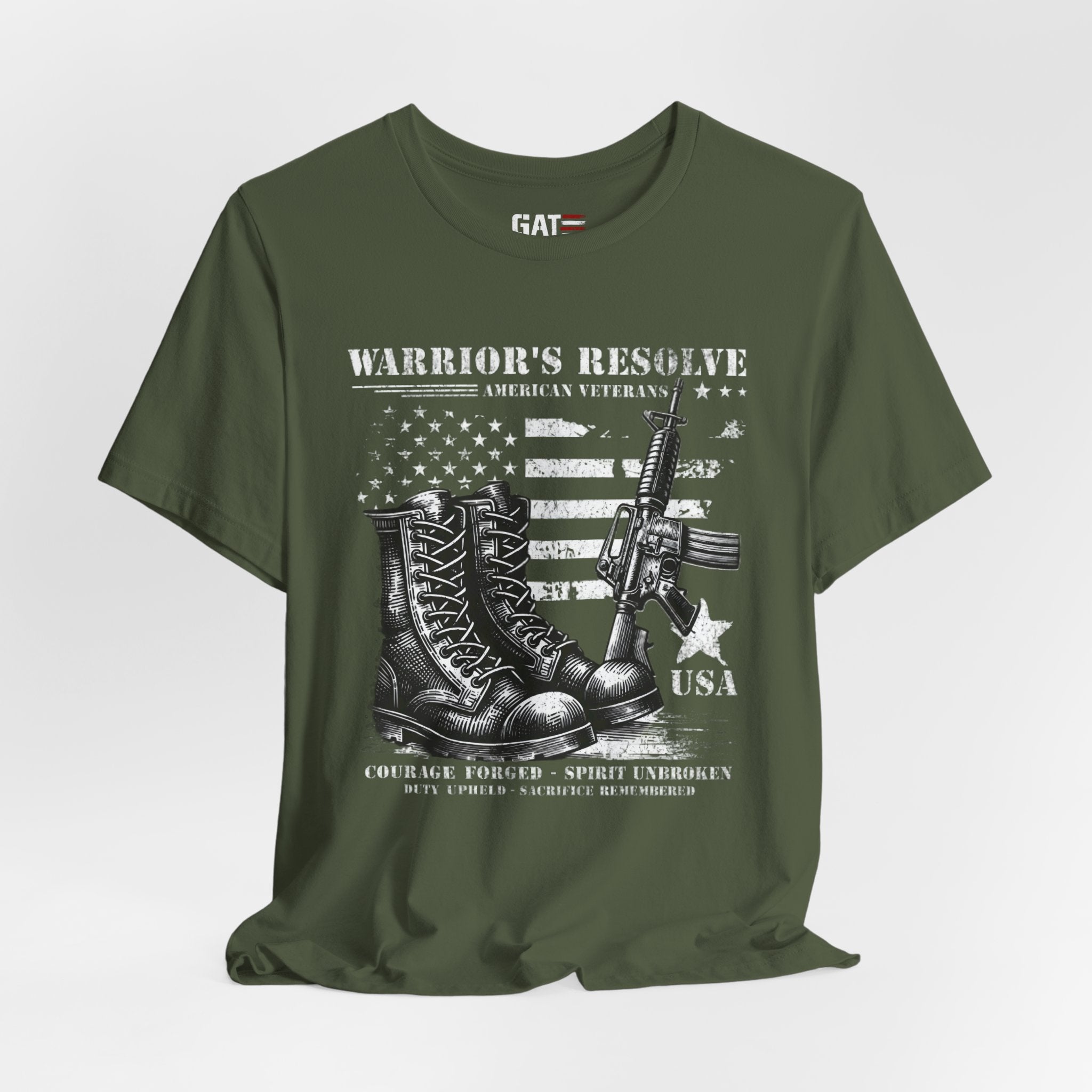 Warrior's Resolve Boots & Flag graphic Tee | Veteran USA Military Shirt