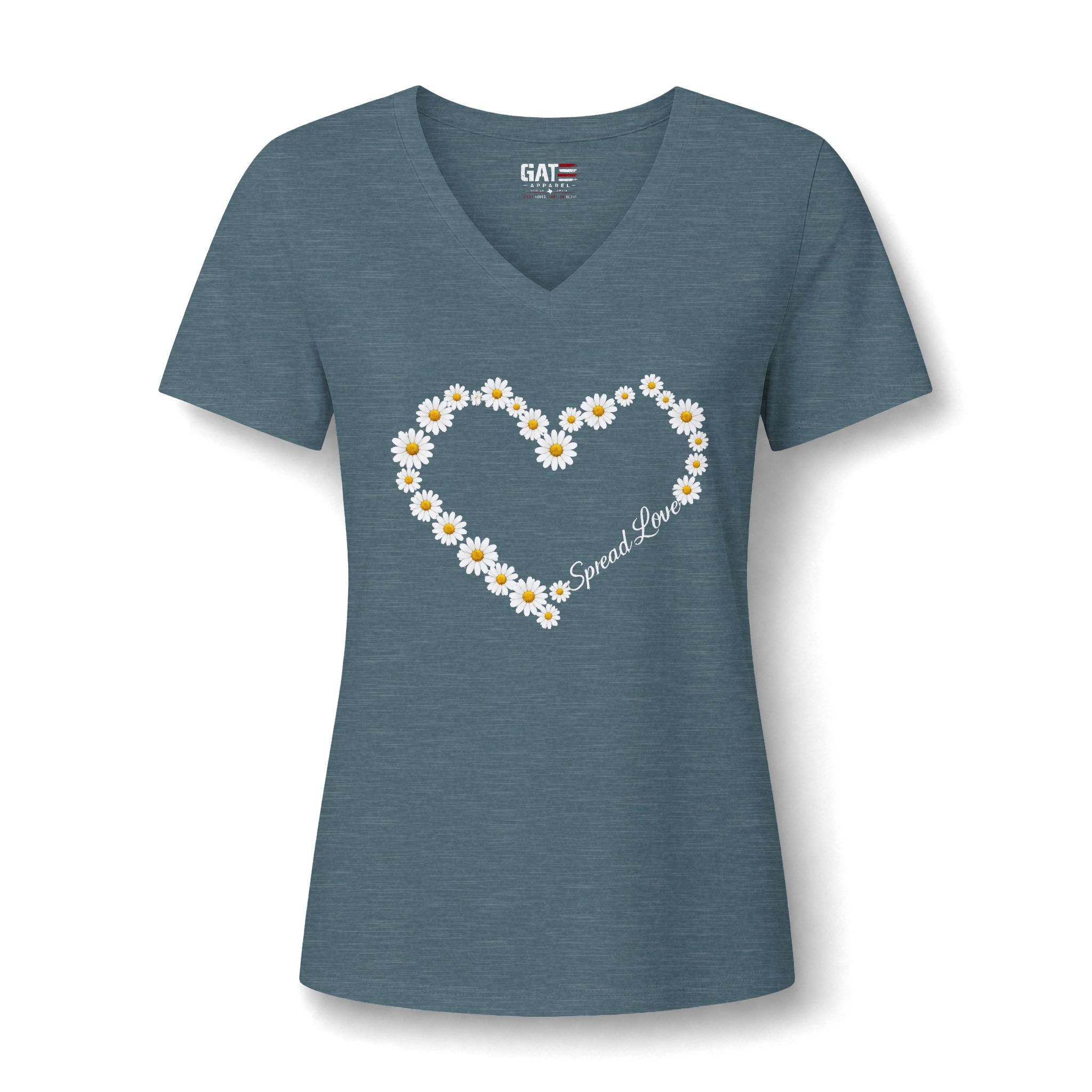 Women's Daisy Heart V-Neck Tee — 'Spread Love' Floral Graphic