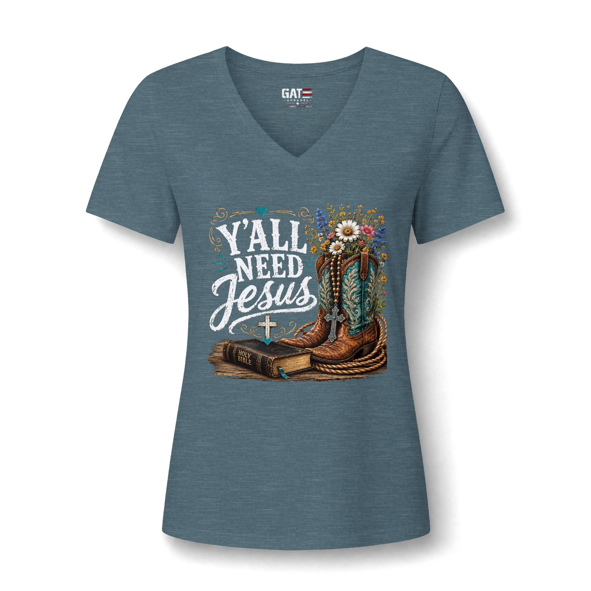 Y'all Need Jesus V-Neck Tee — Floral Cowboy Boots Christian Women's T‑Shirt