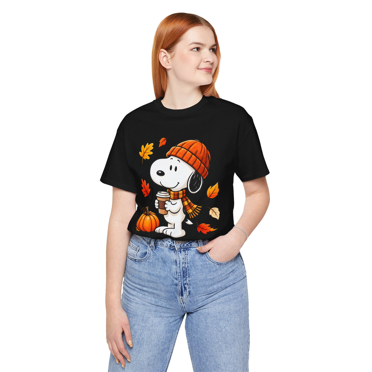 Snoopy Fall Coffee Tee — Pumpkin, Leaves & Cozy Beanie T-Shirt