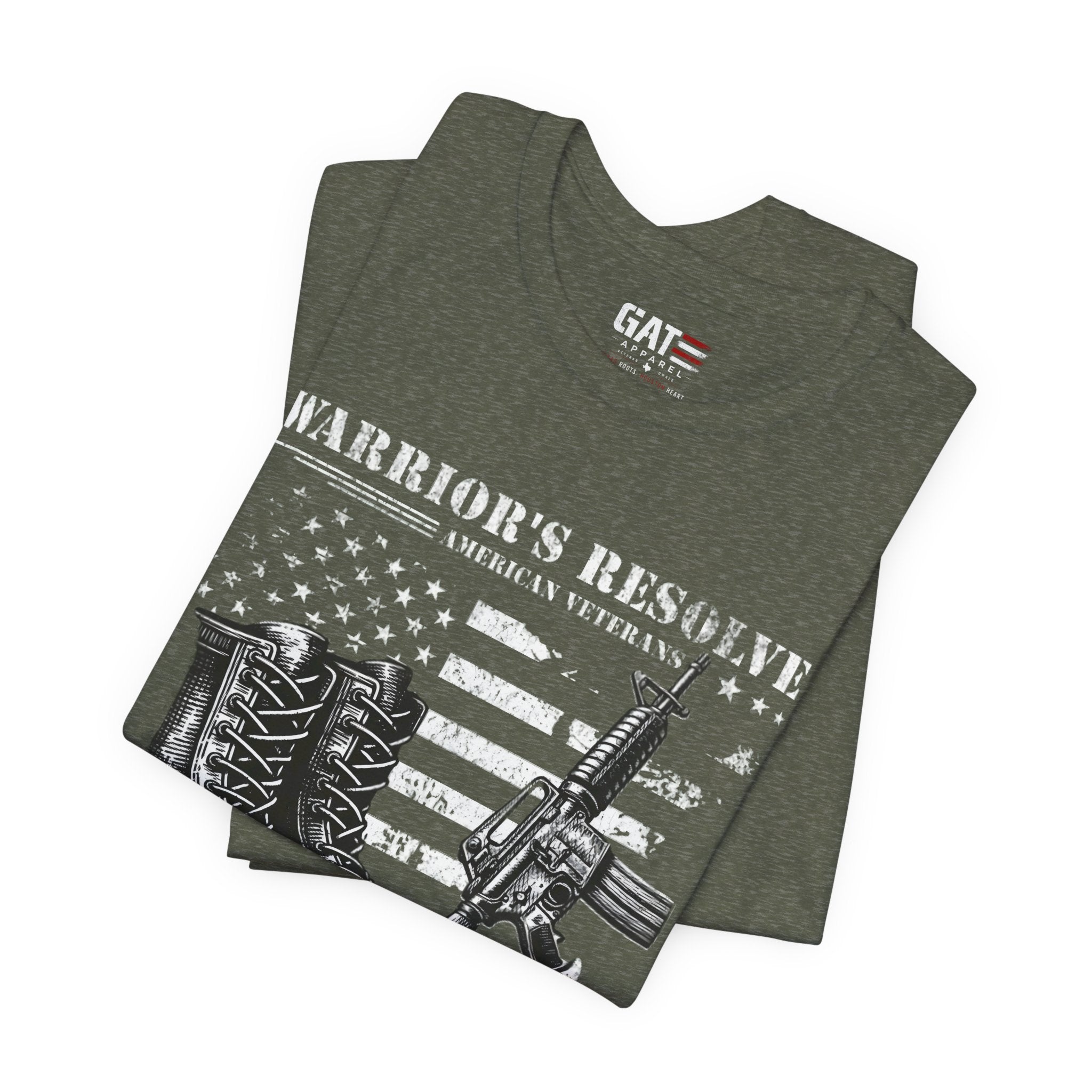 Warrior's Resolve Boots & Flag graphic Tee | Veteran USA Military Shirt