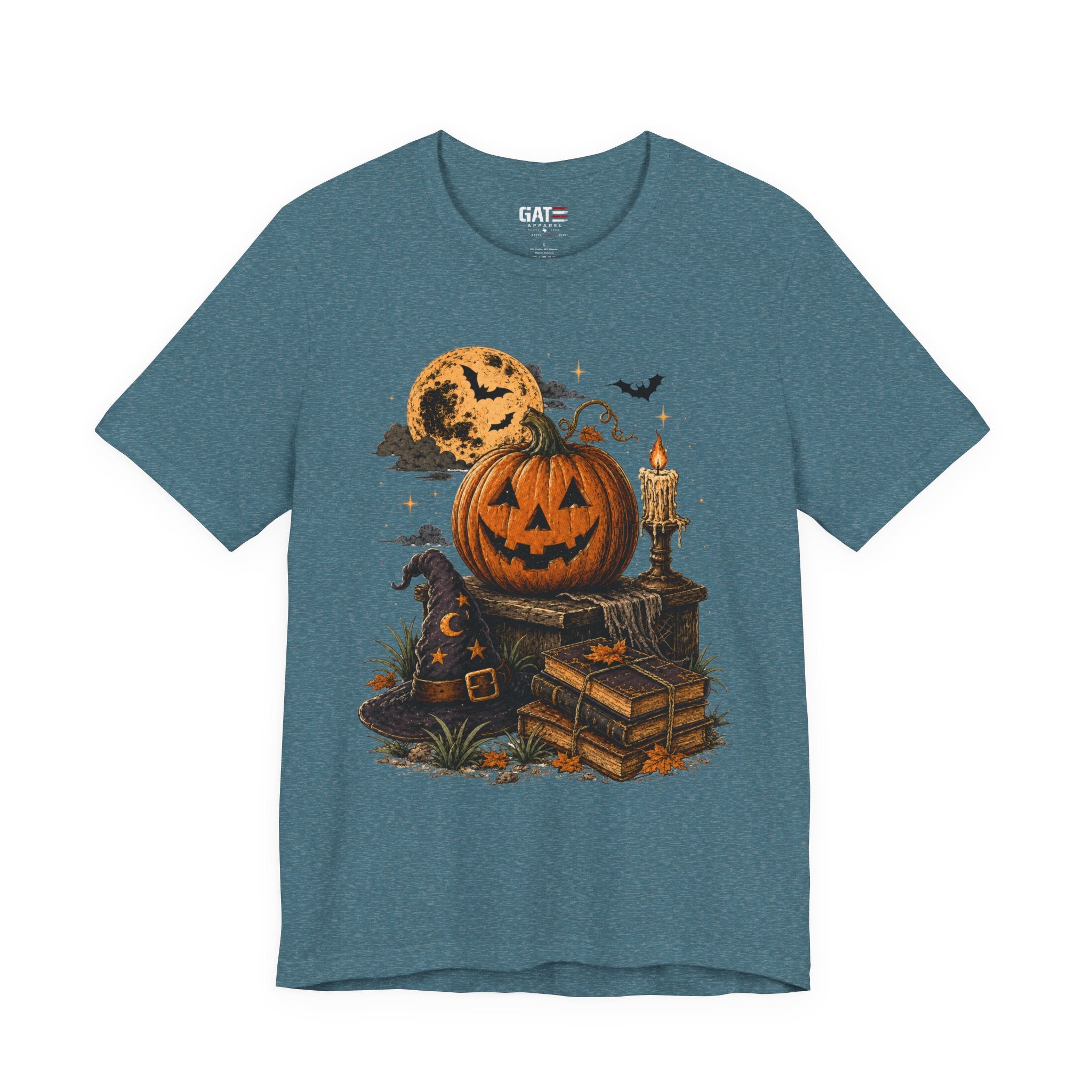 Halloween Pumpkin Stack T‑Shirt — Jack‑O‑Lantern, Books & Moon Graphic Tee