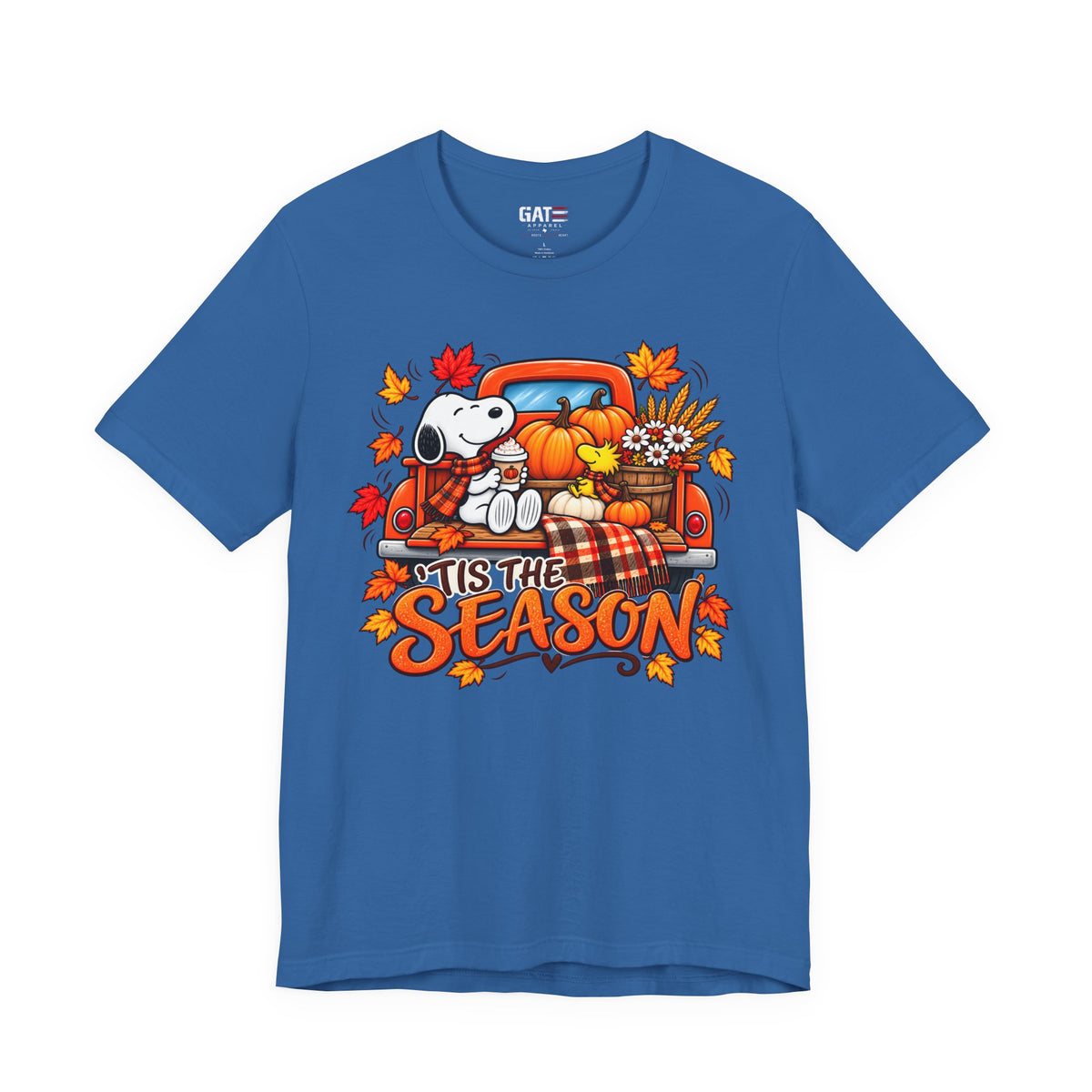 Snoopy pumpkin truck Tis the Season fall graphic T-shirt, blue front view