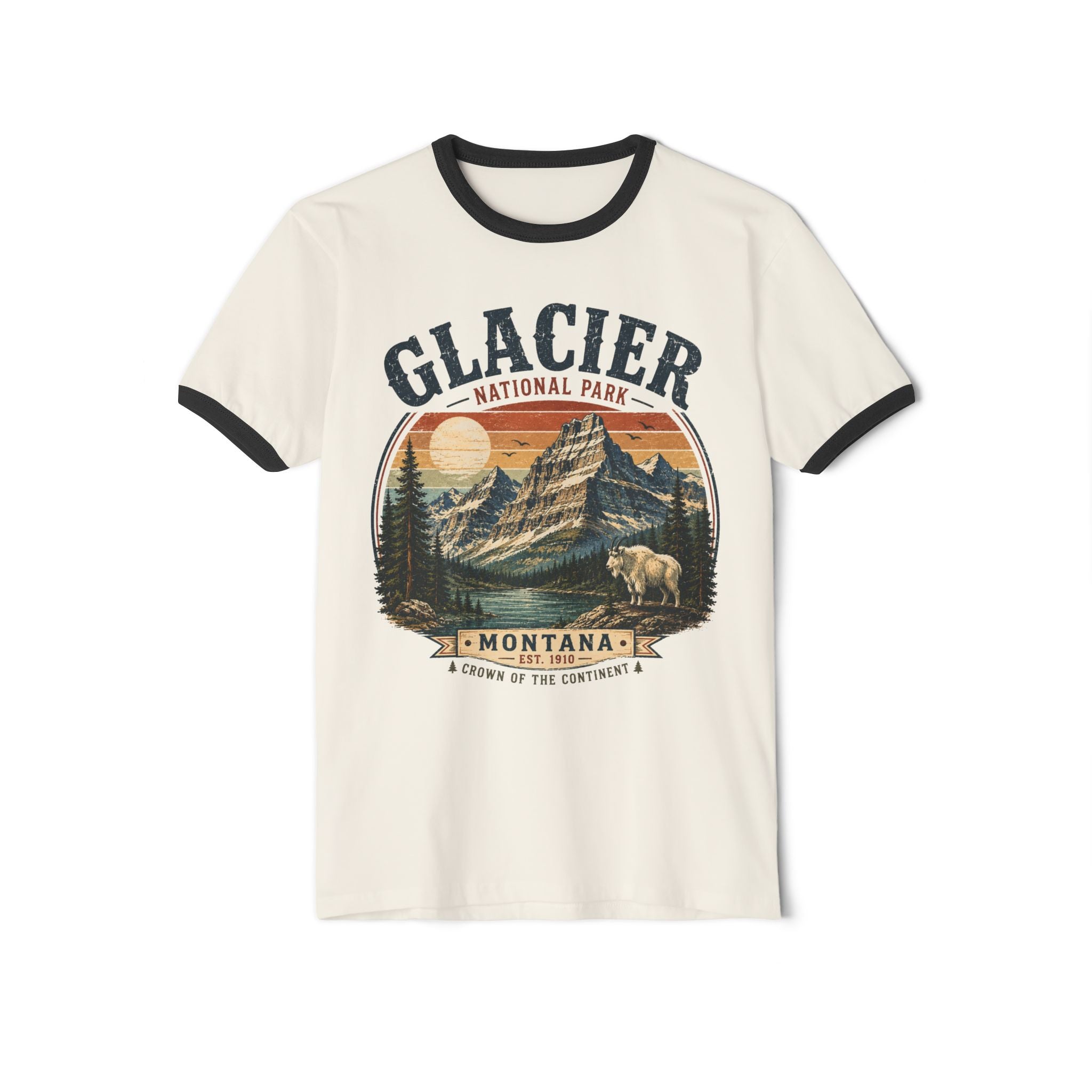 Glacier National Park Montana Ringer T-Shirt — Vintage Mountain & Grizzly Design