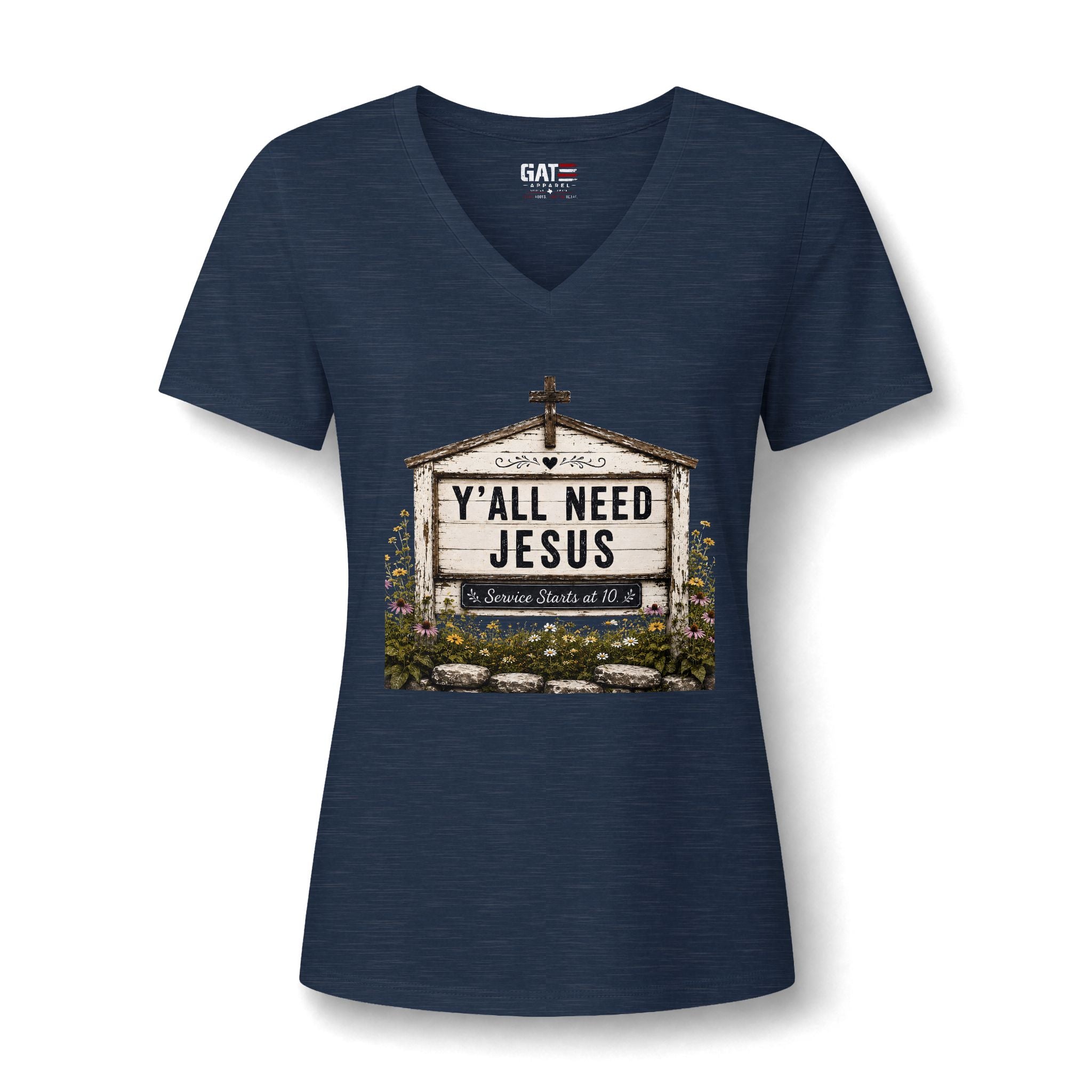 Women's V-Neck Tee - 'Y'all Need Jesus' Church Marquee Faith Shirt