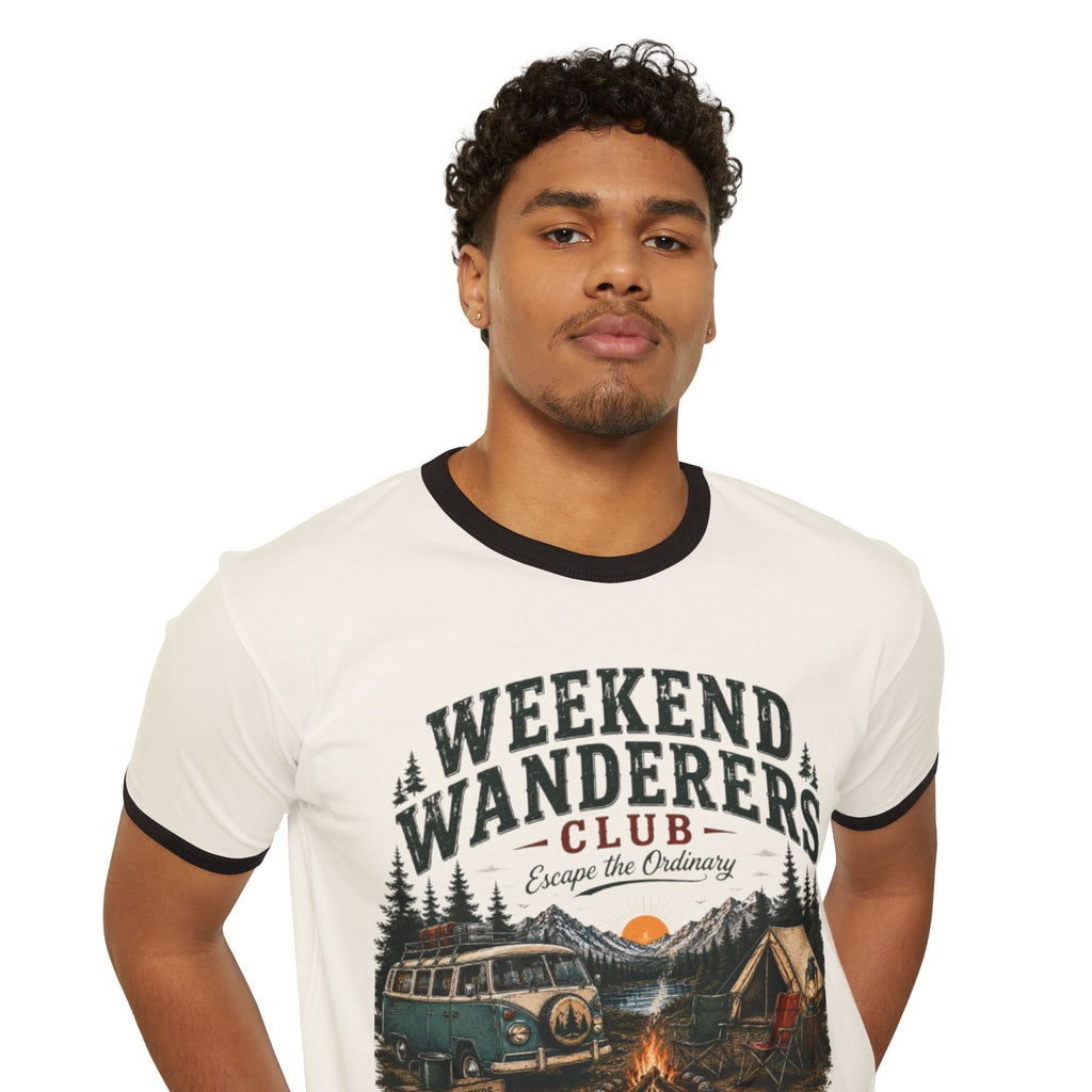 Weekend Wanderers Club Ringer Tee – Vintage Camping Van & Campfire T-Shirt