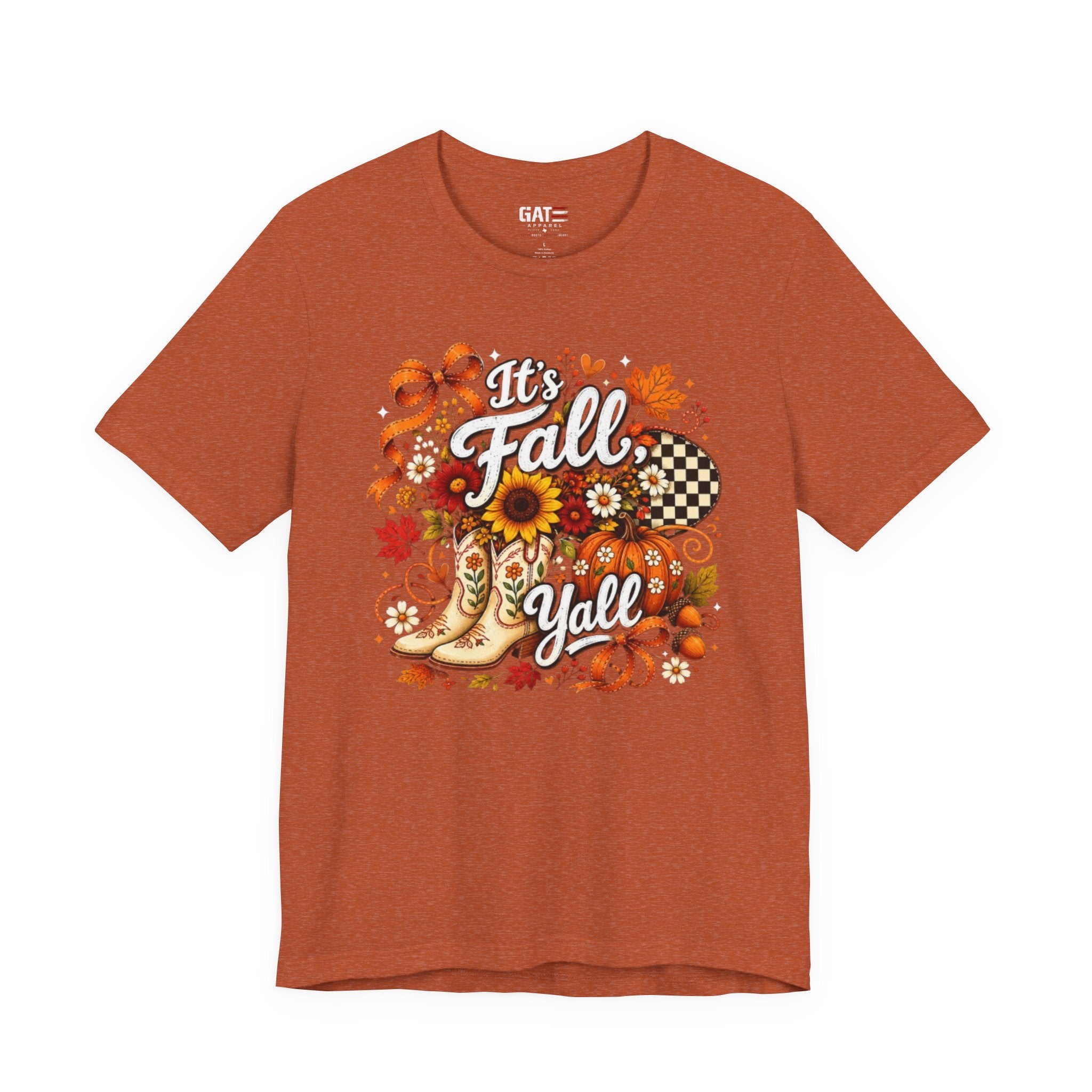Fall Y'all Tee — Autumn Boots, Sunflowers & Plaid Graphic T-Shirt