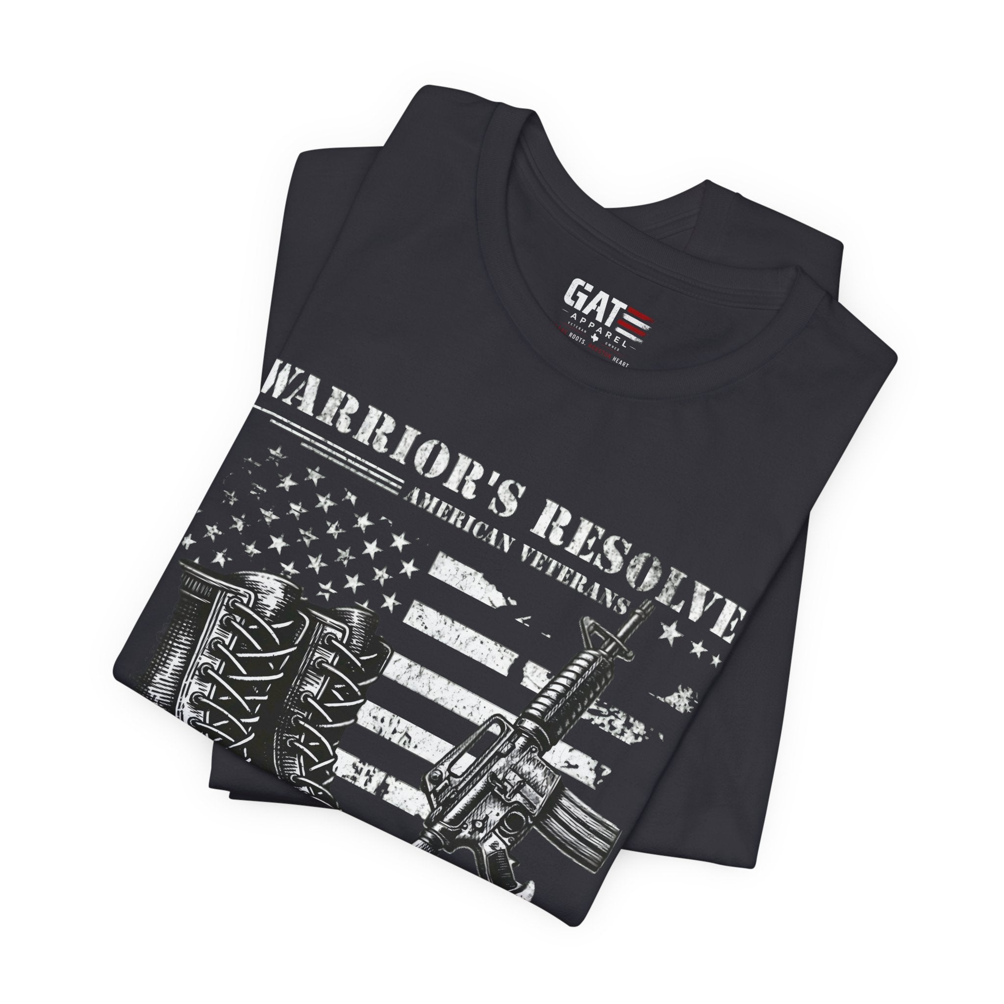 Warrior's Resolve Boots & Flag graphic Tee | Veteran USA Military Shirt