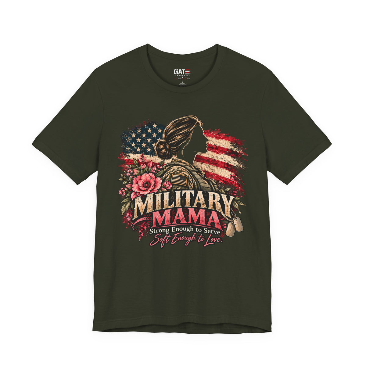 Military Mama Tee — Patriotic Mom Shirt with American Flag & Floral Combat Design