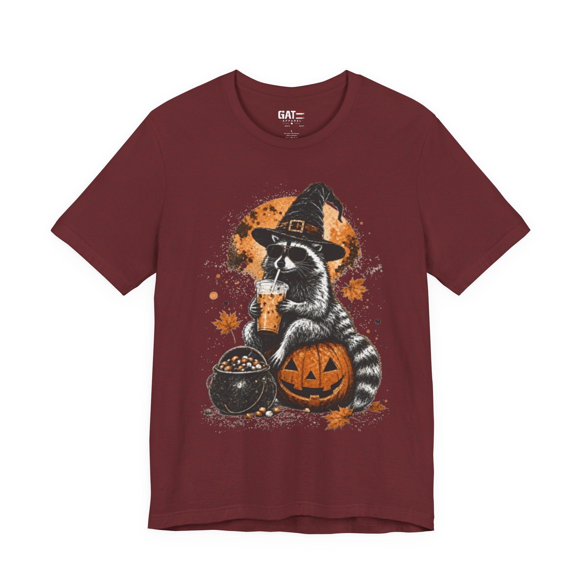 Halloween Raccoon Witch T-Shirt — Pumpkin & Cauldron Spooky Tee