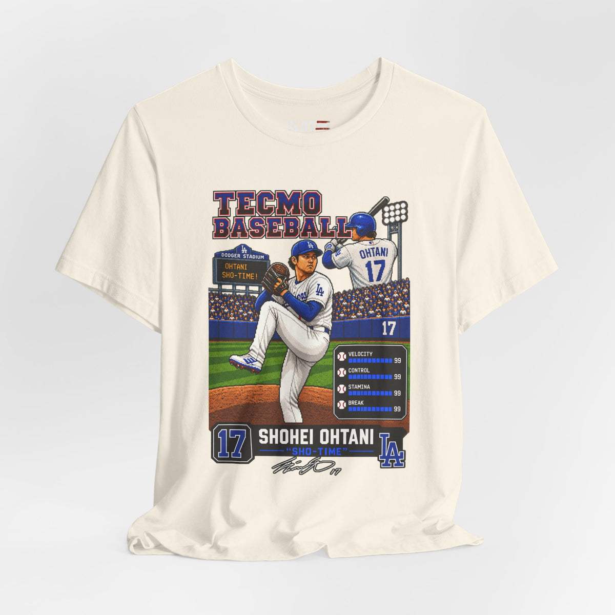 Shohei Ohtani Los Angeles Dodgers Retro Baseball Card Graphic Tee — 'Tecmo Baseball' Design