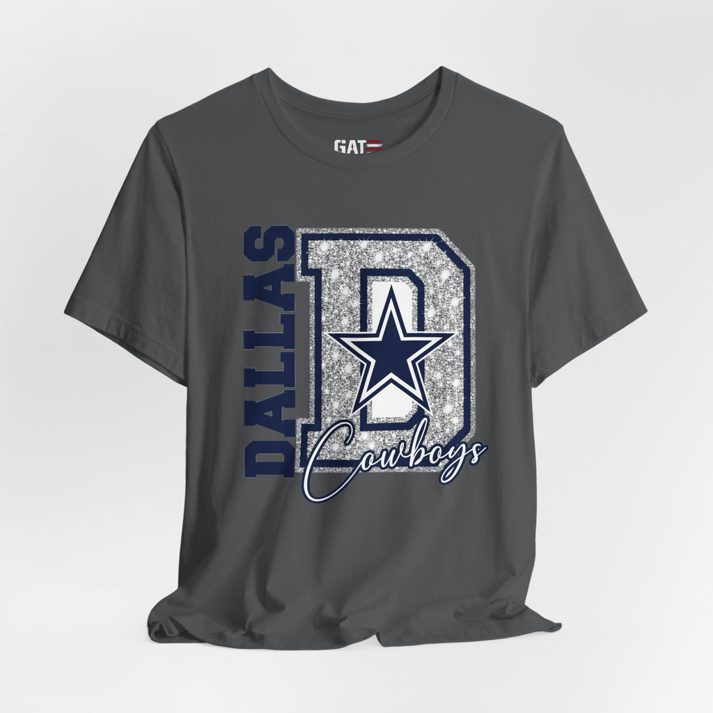 Dallas Football Glitter D Shirt, Blue and Silver Game Day Tee, Western Script Graphic Shirt, Sparkle Fan Apparel