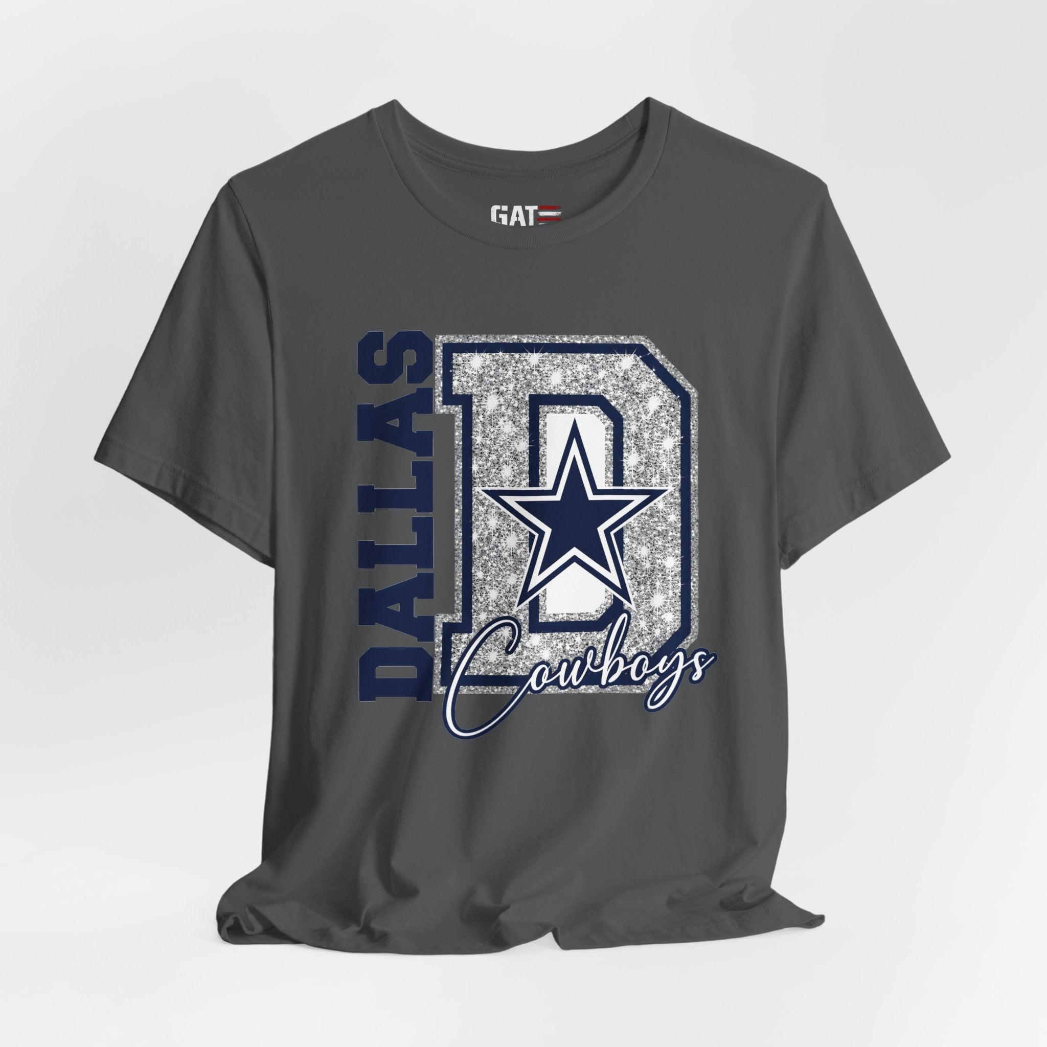 Dallas Football Glitter D Shirt, Blue and Silver Game Day Tee, Western Script Graphic Shirt, Sparkle Fan Apparel