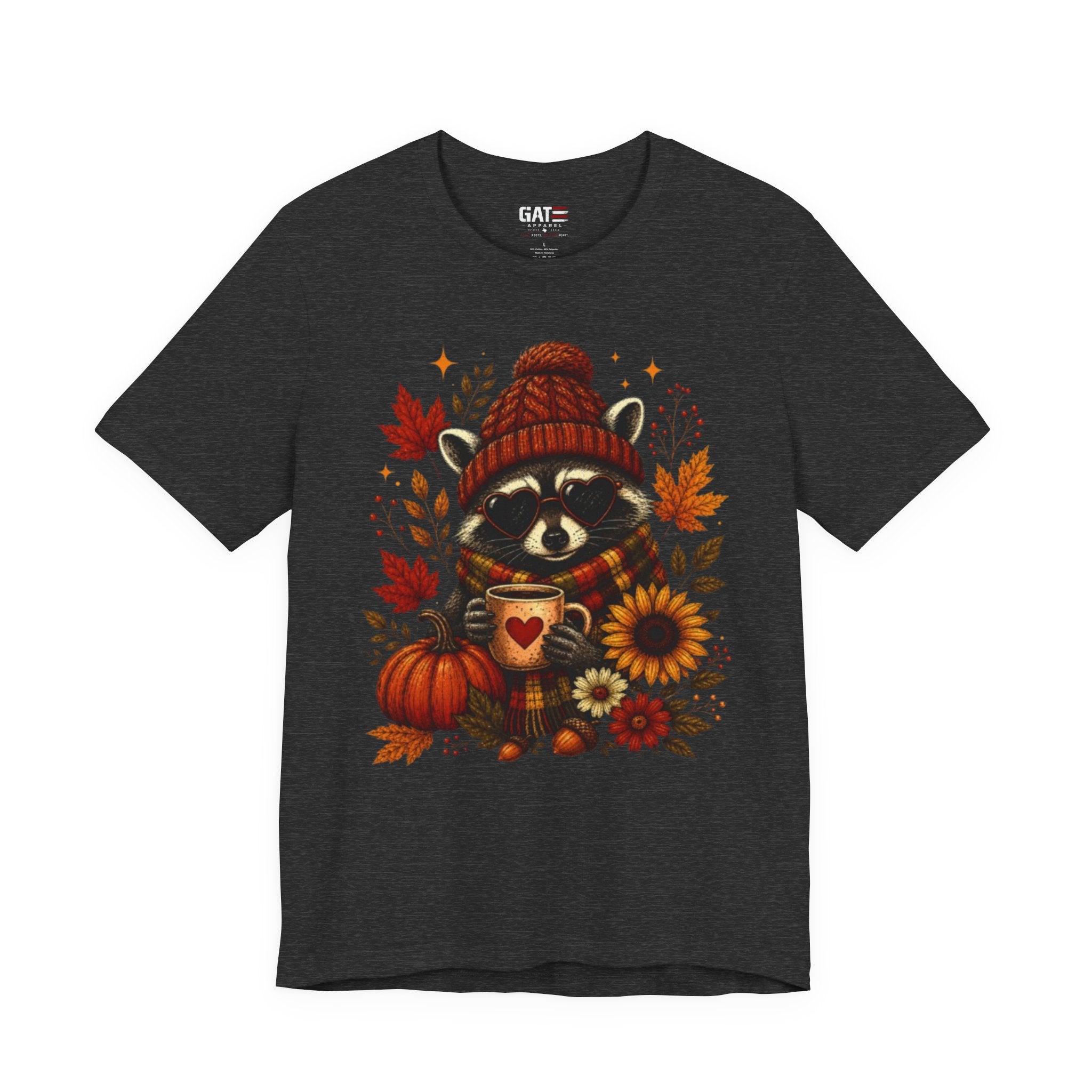 Autumn Cozy Raccoon Tee – Cute Fall Pumpkin & Hot Cocoa Shirt