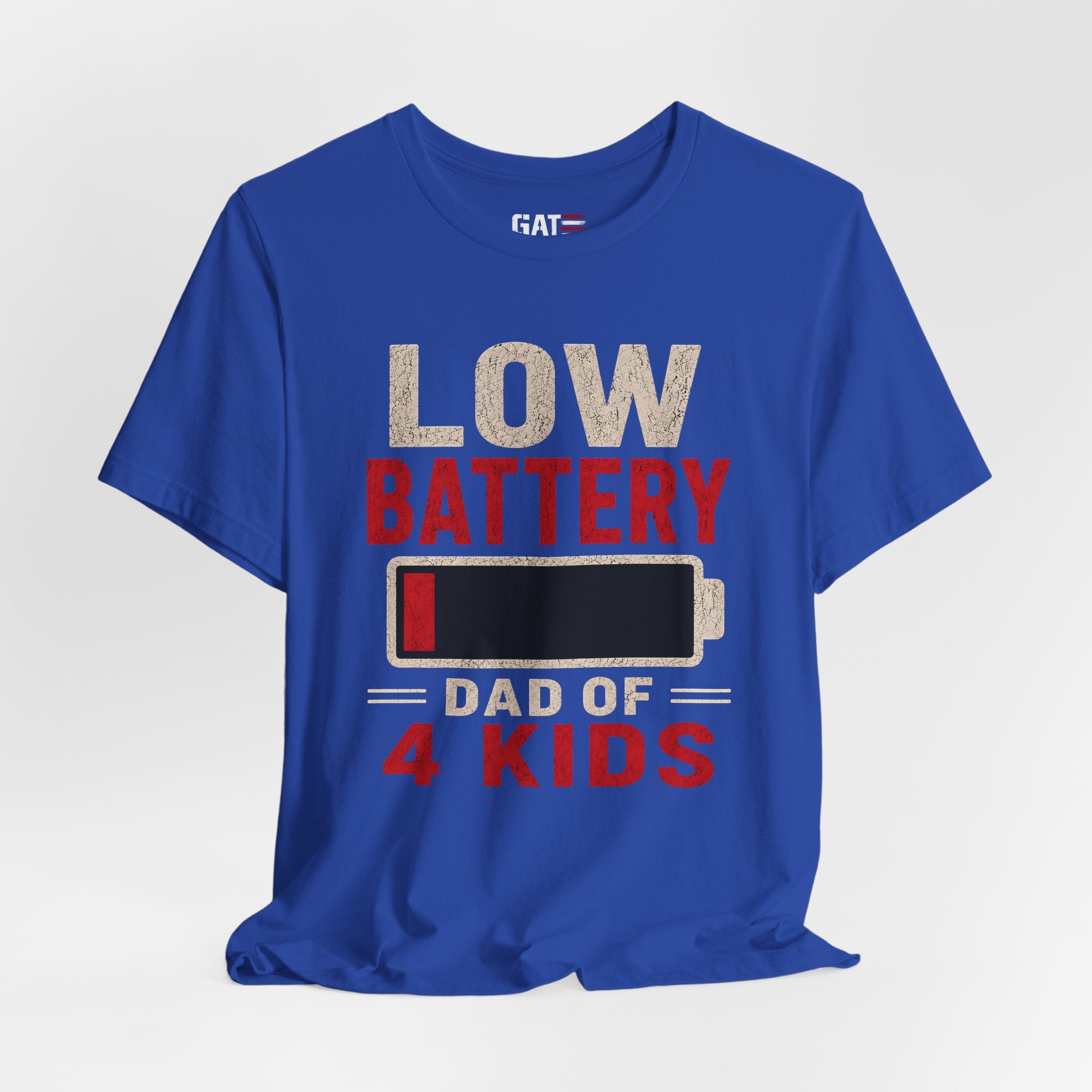 Low Battery Dad of 4 Kids Shirt, Funny Tired Dad Tee, Father of Four Gift, Parenting Humor Shirt, Exhausted Dad Graphic Tee