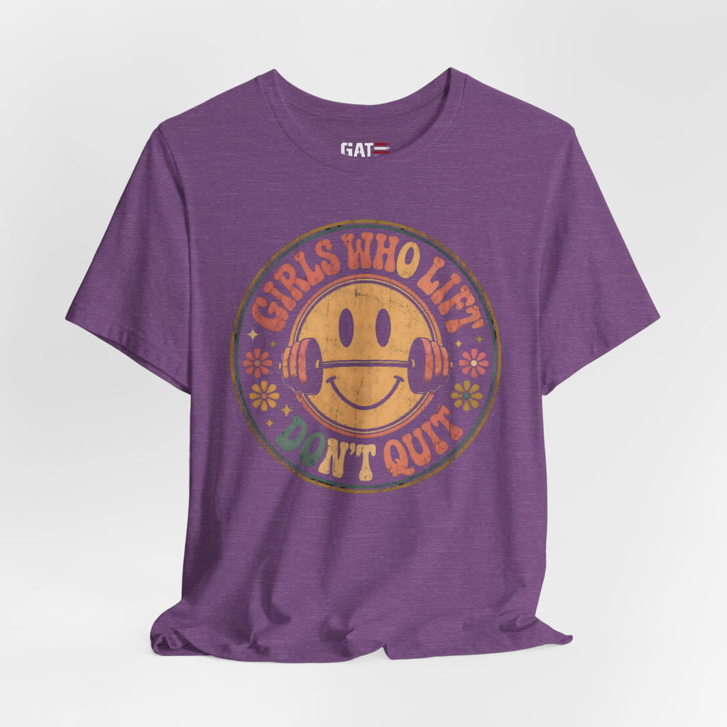 Girls Who Lift Don't Quit Shirt, Retro Smiley Face Gym Tee, Cute Fitness Shirt, Weightlifting Shirt, Workout Gift for Women