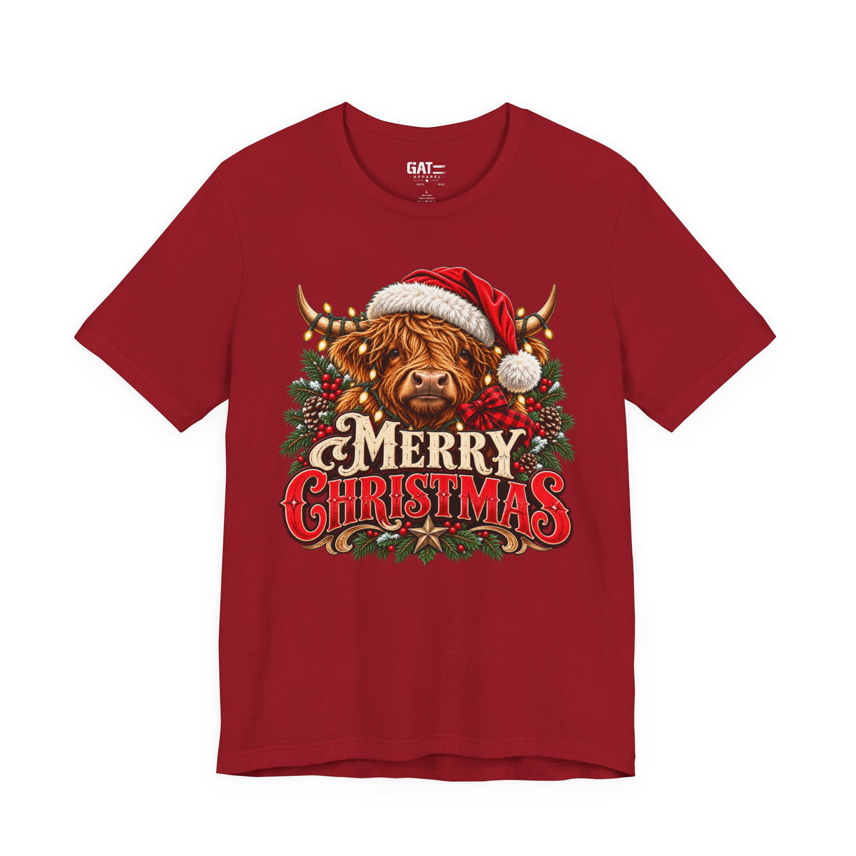 Highland cow Santa hat Merry Christmas graphic T-shirt, red front view