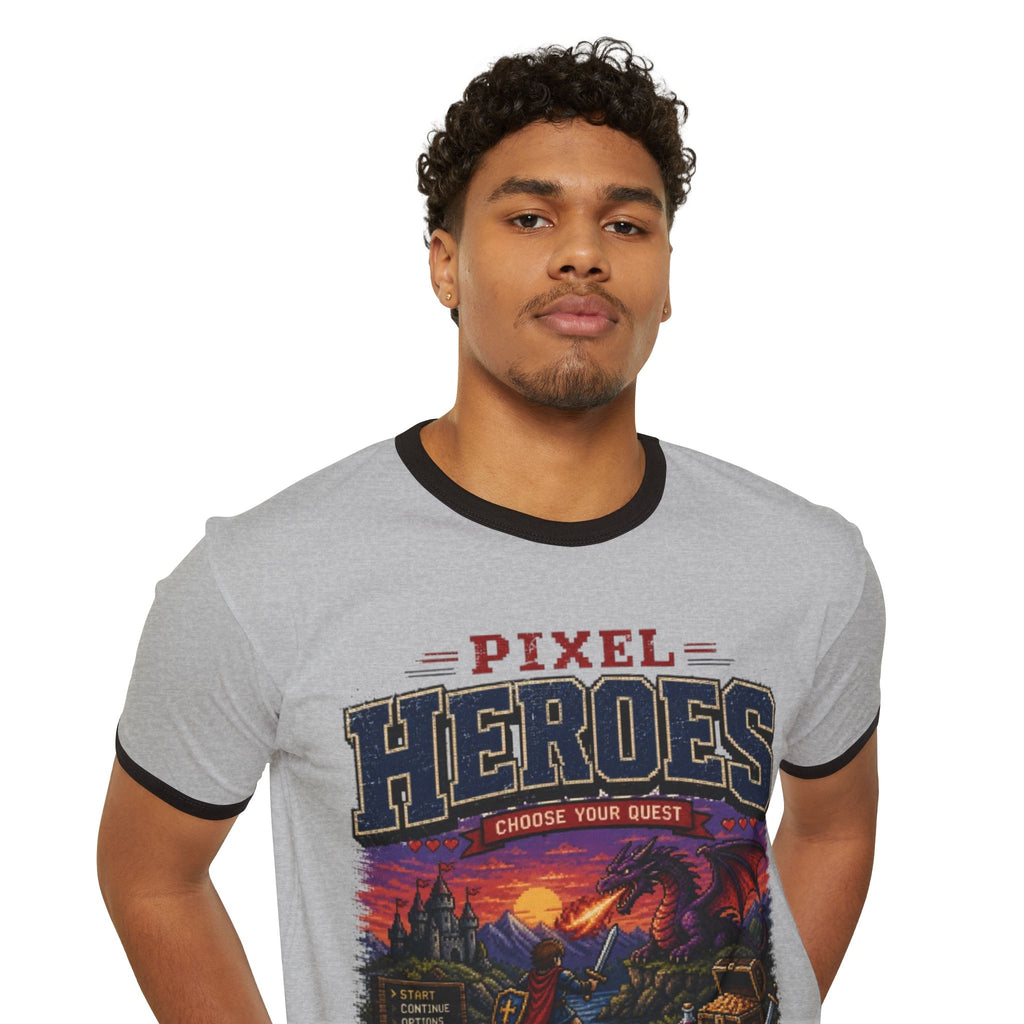 Pixel Heroes Ringer T-Shirt — Retro Video Game Level-Up Graphic Tee