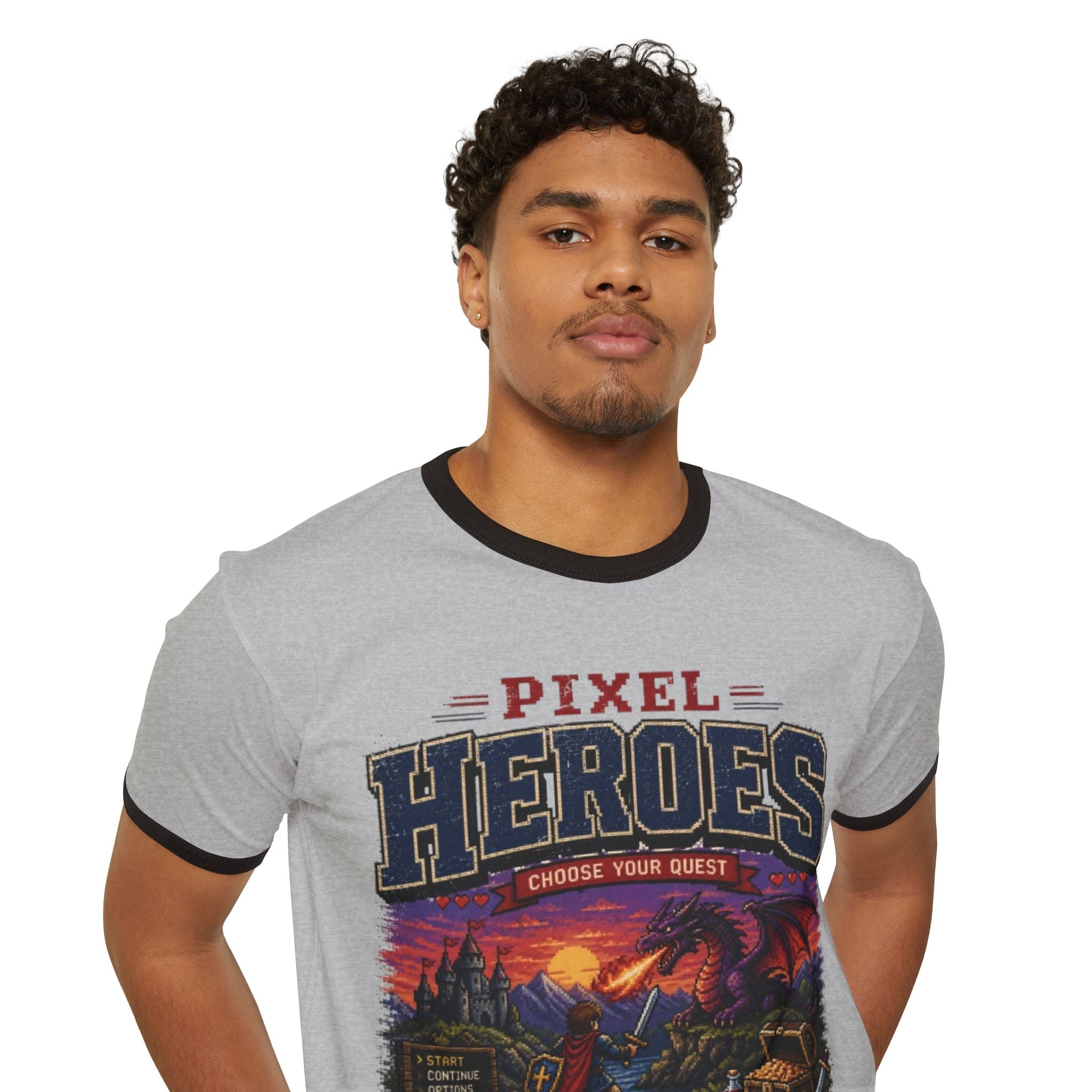 Pixel Heroes Ringer T-Shirt — Retro Video Game Level-Up Graphic Tee