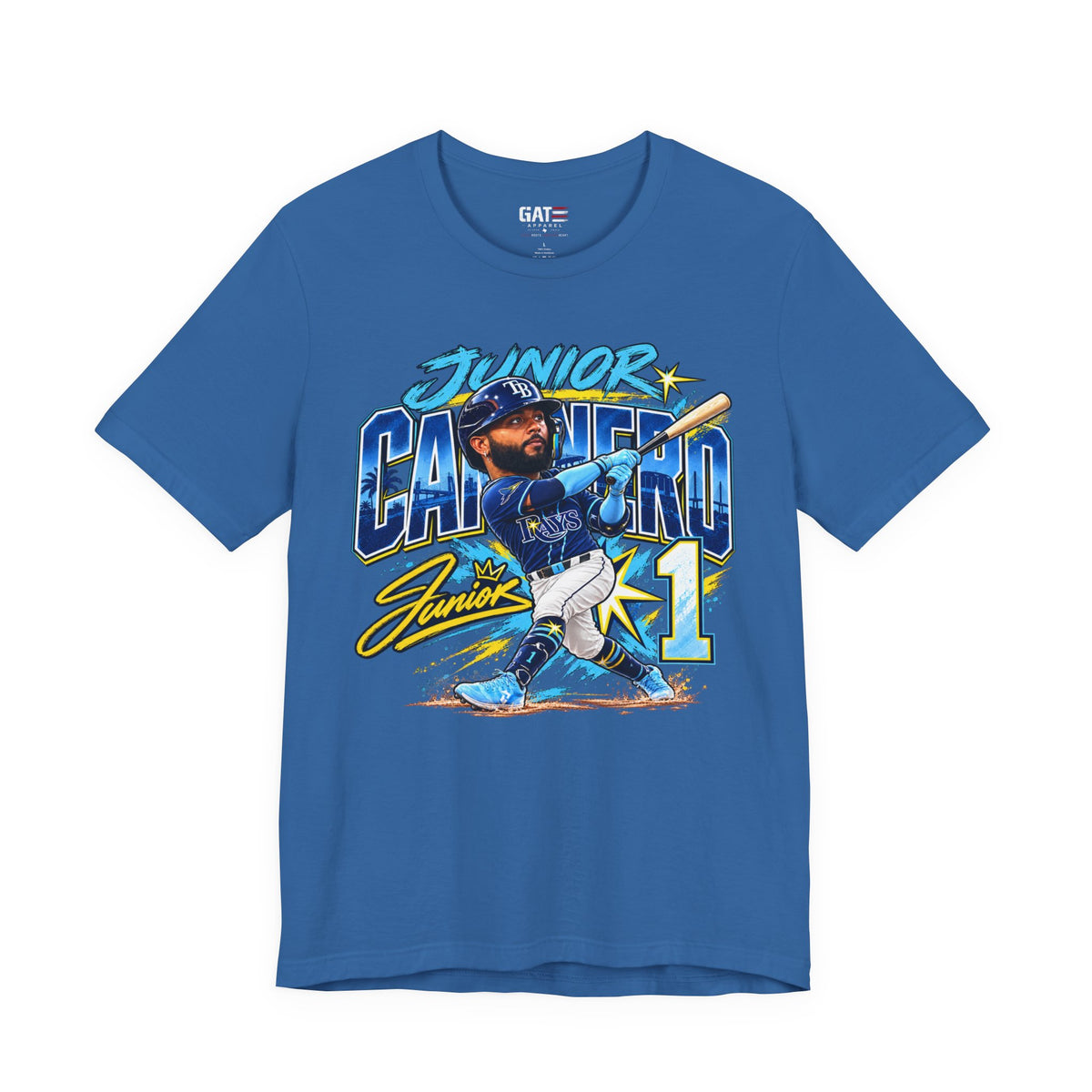 Junior Caminero Rays baseball graphic T-shirt, blue front view